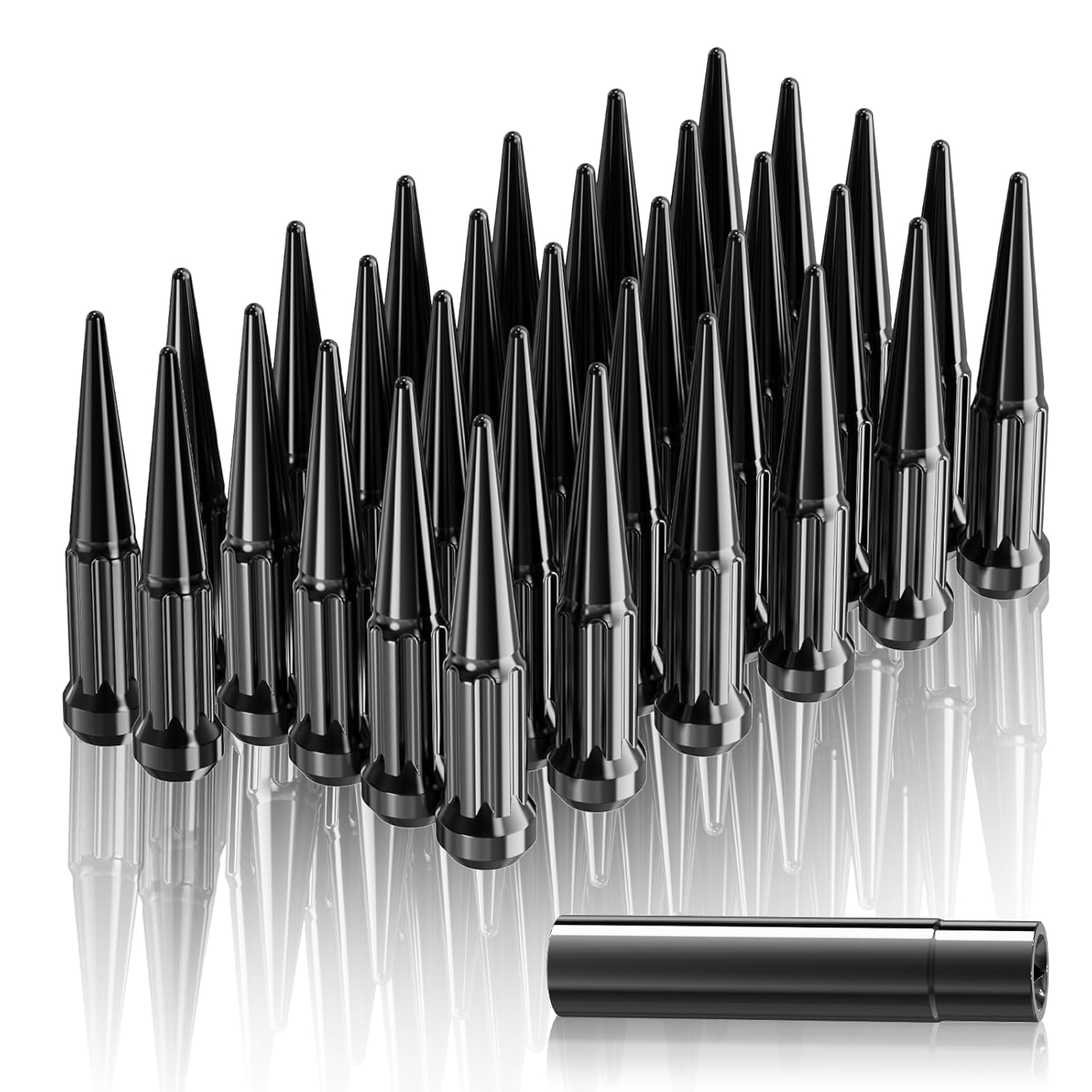 Wheel Spike Lug Nuts, M14x1.5 Conical Bulge Seat, Closed End Spiked Lug Nuts with Socket Key, Fits Silverado Sierra 2500 3500, F250 F350 Aftermarket Wheels- 32 Pack