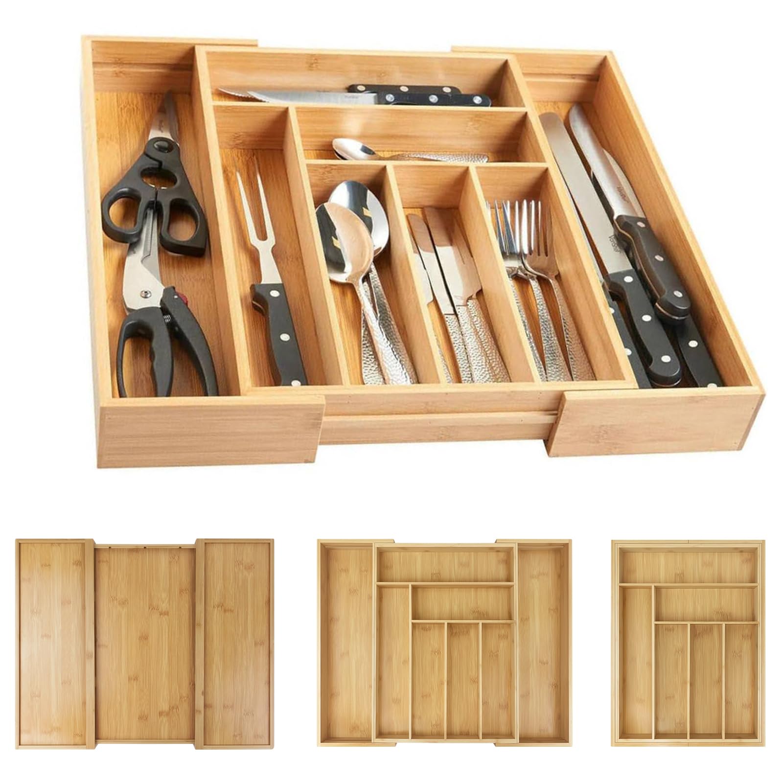 JAOSY Cutlery Tray, 32-52 x 43 x 5cm Bamboo Cutlery Drawer Organiser, 6-8 Compartments Cutlery Divider, Expandable Kitchen Utensil Tray Rack Adjustable Cooking Baking Utensils Storage Case