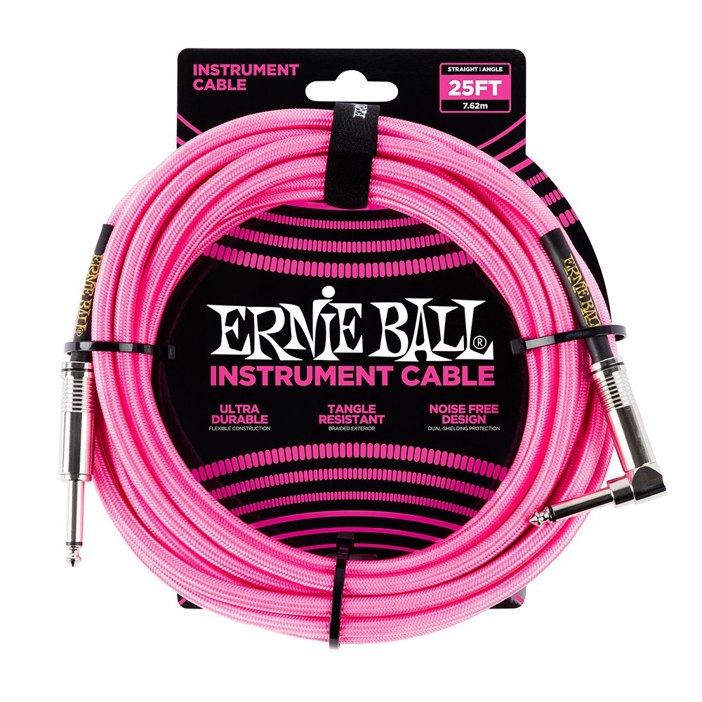 Ernie Ball, Cavo intrecciato per strumenti, dritto / angolato, 7,62 m, rosa neon
