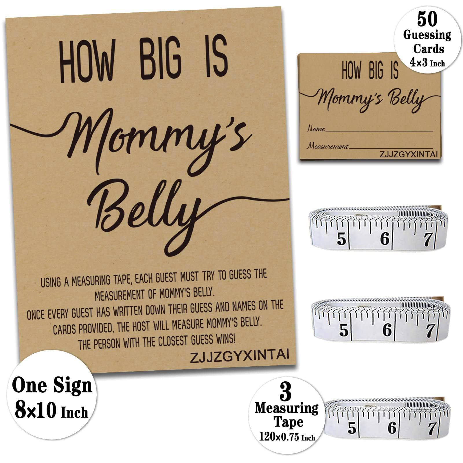 amazon-com-zjjzgyxintai-how-big-is-mommy-s-belly-rustic-baby-shower-gender-neutral-game-includes-8x10-inch-kraft-standing-sign-and-50-guessing-cards-3-rolls-120-feet-measuring-tape-home-kitchen