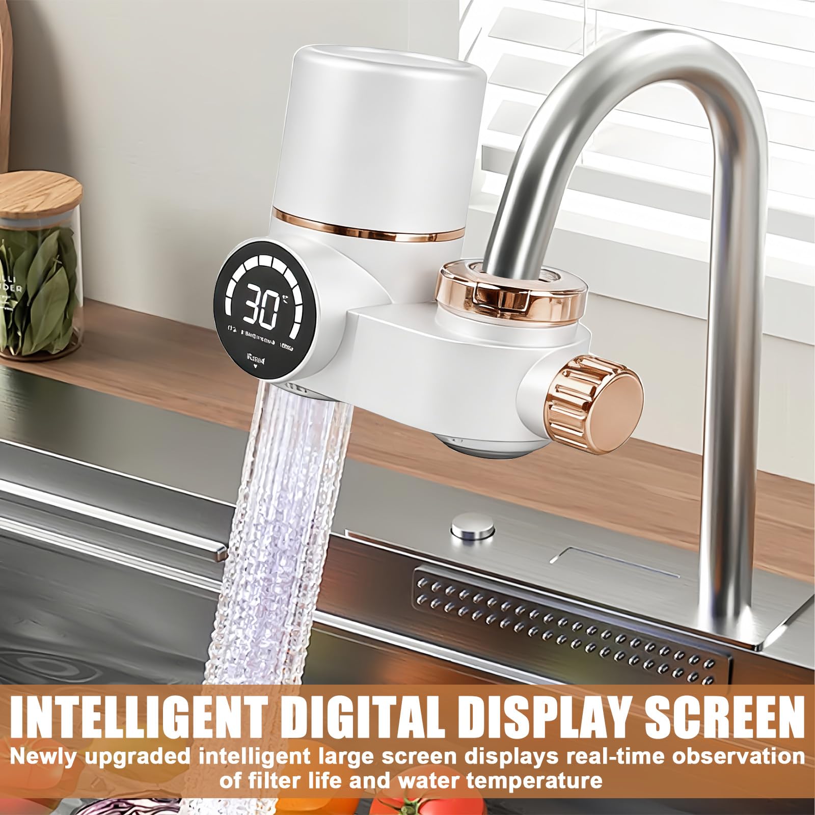 Filtre à eau pour robinet avec affichage LED - Filtre à eau potable - Élimine le chlore, les métaux lourds - Stérilisation UV - Pour la cuisine, les voyages, les animaux domestiques - Blanc