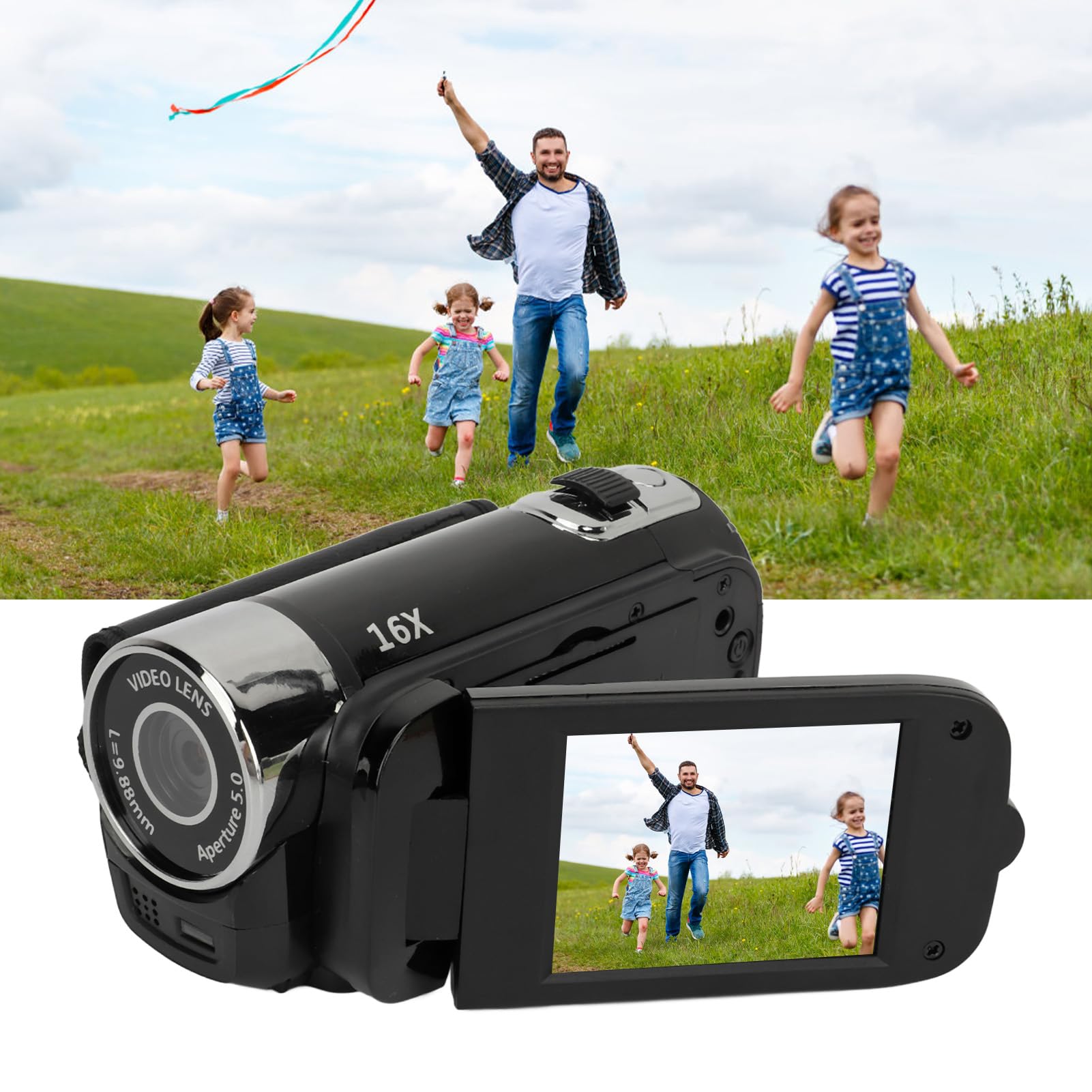 ASHATA Appareil Photo Numérique D90, Appareil Photo Numérique 2,4 Pouces 1080P 16MP, Caméscope à écran Rotatif, Zoom 16X, Enregistreur Vidéo HD avec Lumière de Remplissage pour Garçons