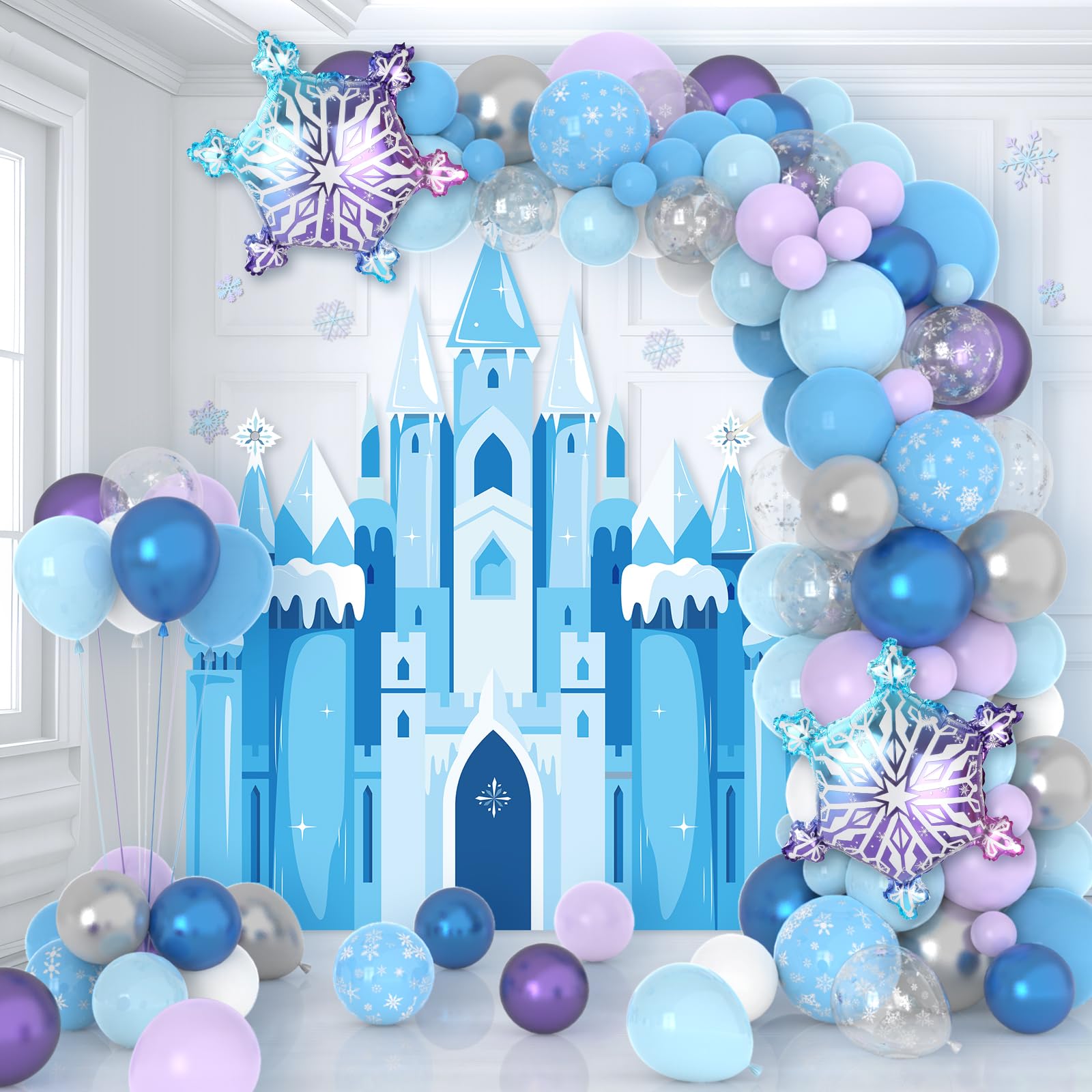 Photo 1 of Snow Balloon Garland Arch Kit Princess Castle Backdrop Blue Purple Snowflake Balloons Garland Kit Winter Wonderland Princess Party Decorations for Girls Birthday Baby Shower Wedding Party Supplies