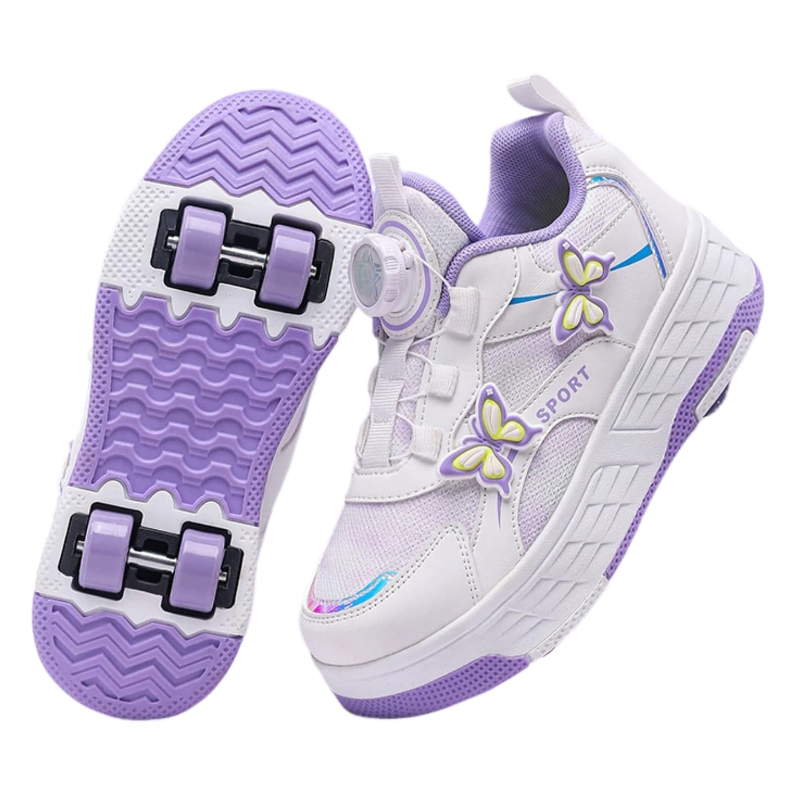 Surwin Zapatillas con 4 Ruedas Niña,Zapatos con Patines para Niñas Zapatos Deportivos de Niños con Ruedas 2 en 1 Hebilla Giratoria Decoración Mariposa Zapatillas de Skateboard 30-40 EU