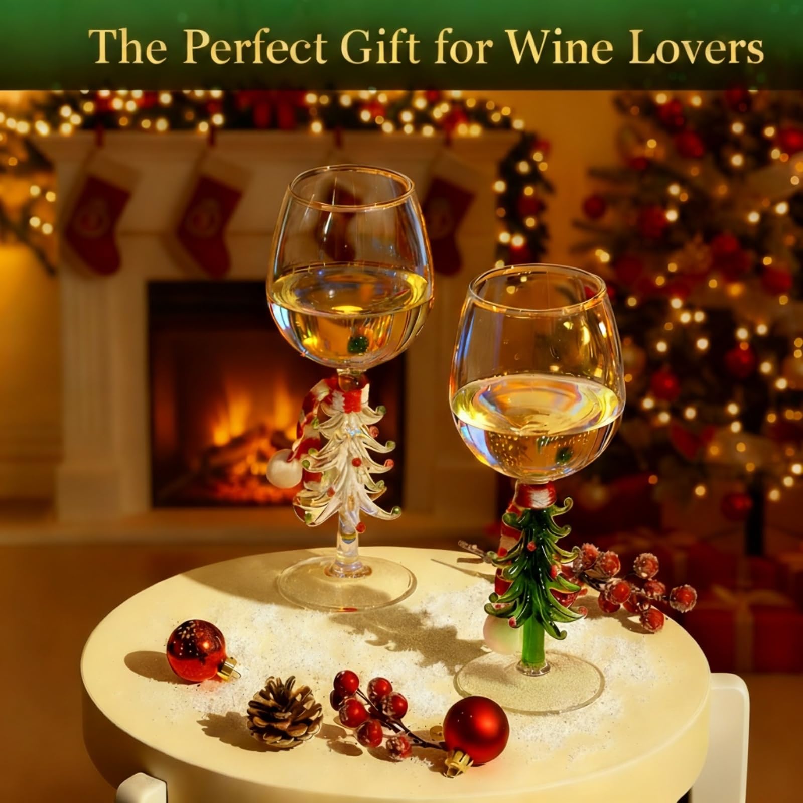 Bicchiere da vino con albero di Natale, 300 ml, con sciarpa, decorazione in cristallo, per feste, feste, regalo per gli amanti del vino (verde e bianco)