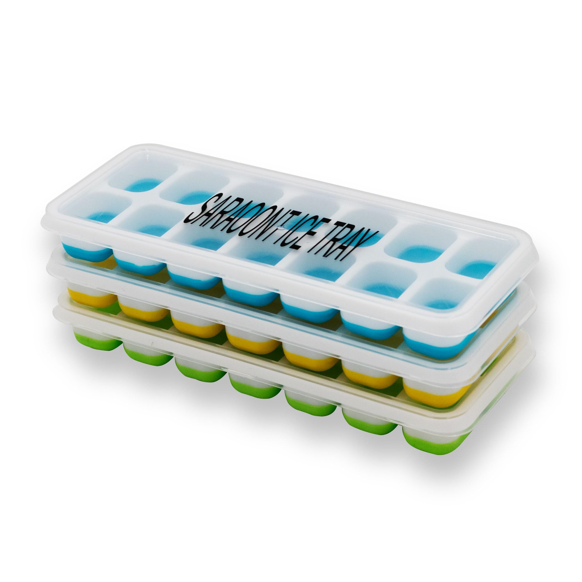 SARAOONT™ 3-Pack Silicone Ice Cube Trays - Easy-Release & Flexible 14-Ice Trays with Spill-Resistant Lids - BPA-Free Stackable Ice Trays for Cocktails and Freezers (Blue,Green,Yellow, 3)
