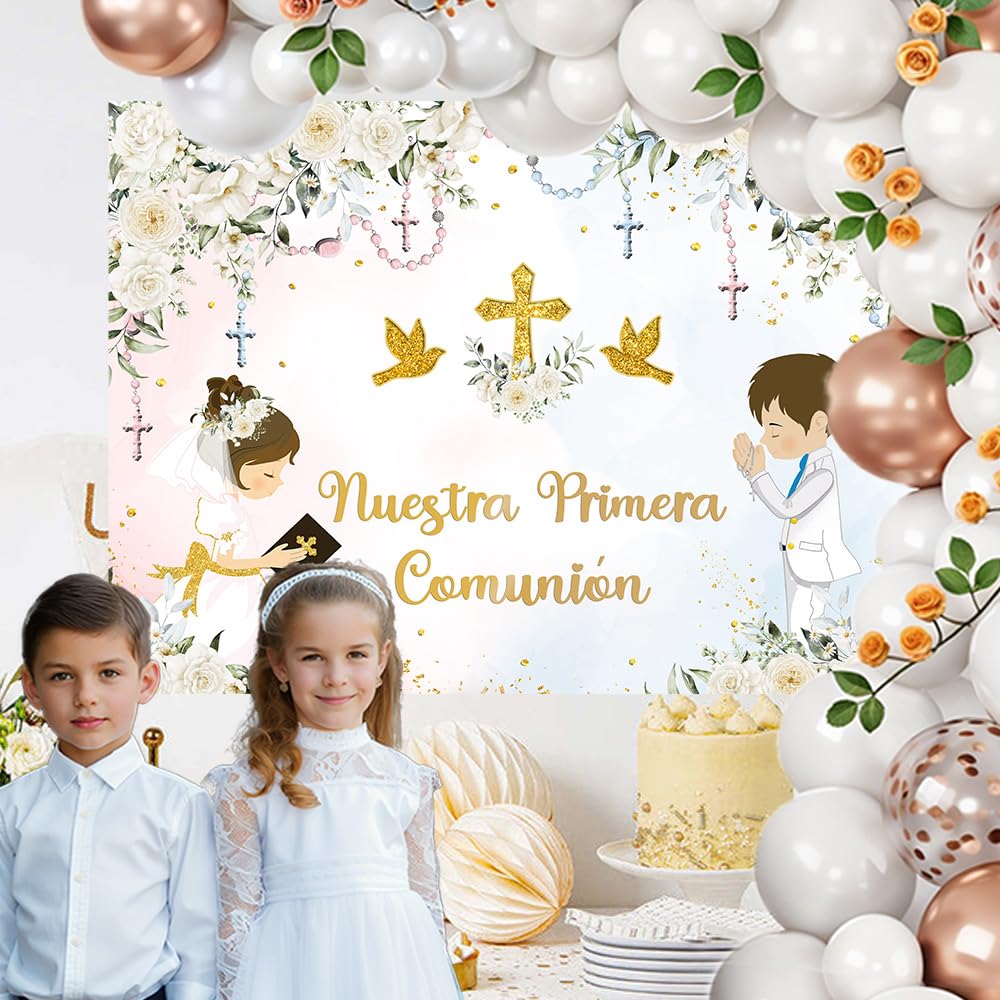 MEHOFOND Floral Nuestro Bautizo Baptism Backdrop for Boy and Girl Siblings First Holy Communion Banner God Bless Christening Party Photography Background Banner Sign Photo Booth Props 7x5ft