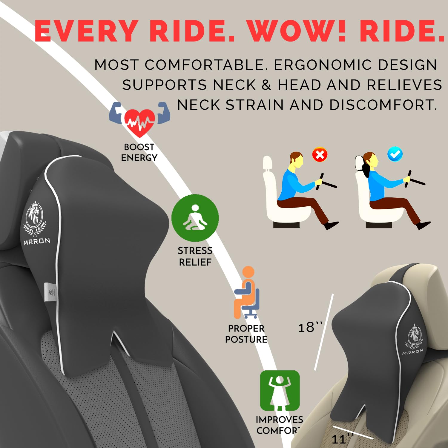 MRRON PROTECH Memory Foam Headrest Neck Rest Cushion - Ergonomic Car Neck Pillow Cervical Support for Neck Pain Relief in Office, Driving (Grey, 1) 1