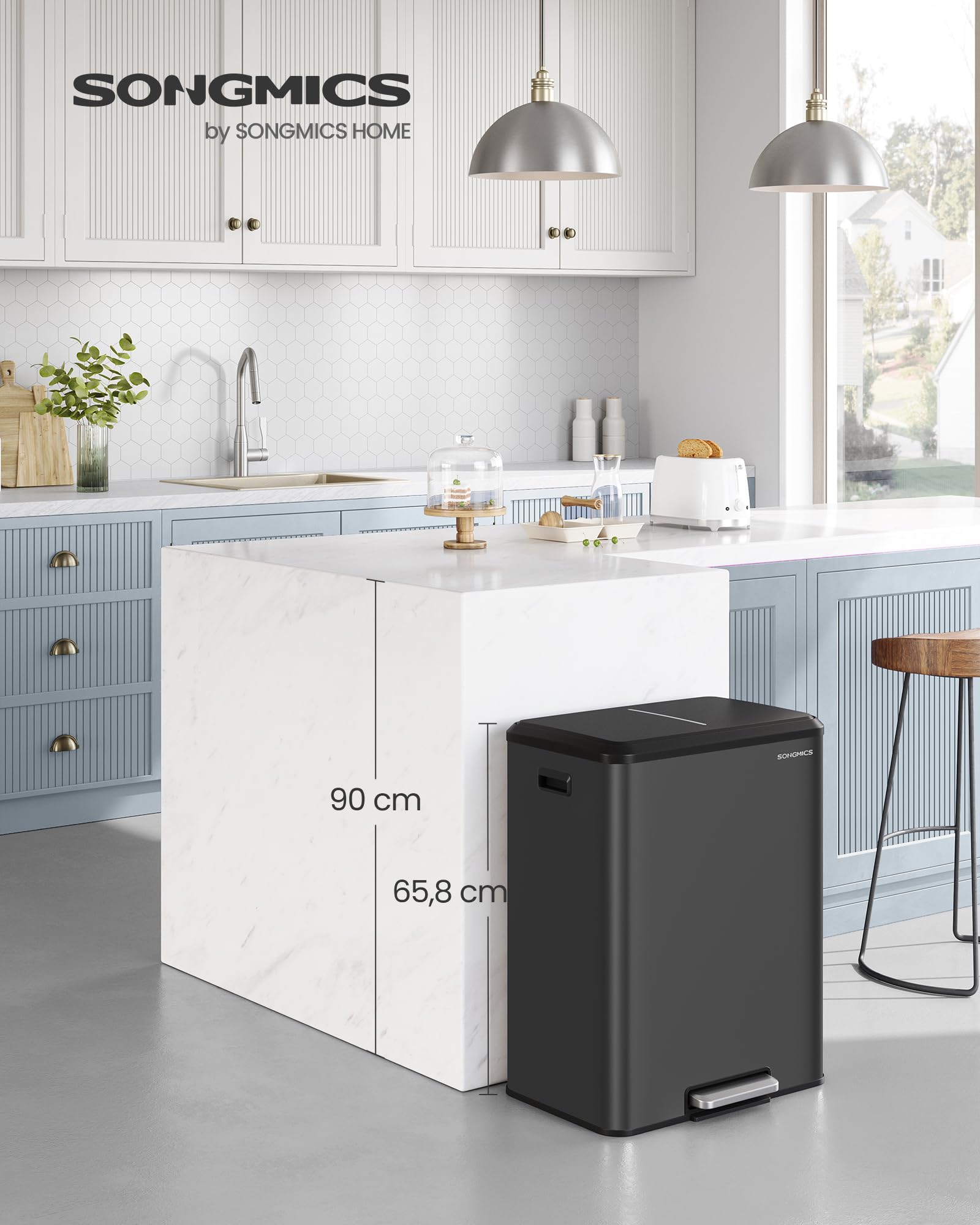 SONGMICS Cestino da Cucina, 2 x 30 L, Pattumiera Doppia per Raccolta Differenziata, Secchi Interni, Acciaio, Coperchio a Chiusura Morbida, Pedale Ampio, Nero Inchiostro LTB556B02