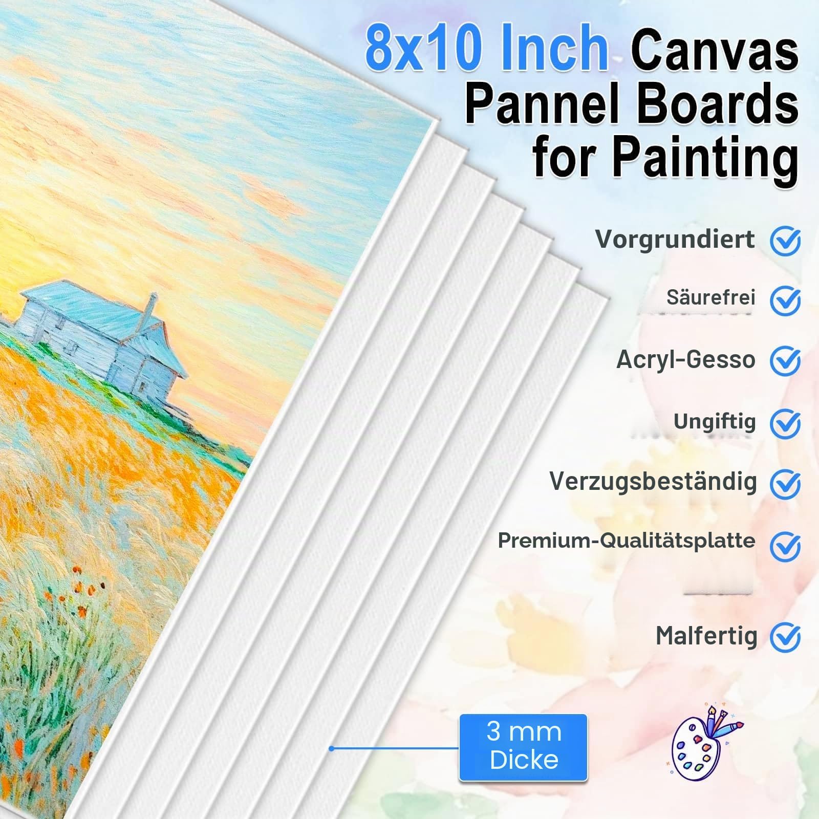 shynek 10er-Pack 20,3 * 25,4 cm Leinwandtafeln zum Malen, Kunstleinwand mit Staffelei zum Zeichnen mit 100 Stück sortierten Pinseln, Farbpaletten, 12-Farben-Acrylfarbe, Mini-Malset, für Erwachsene und