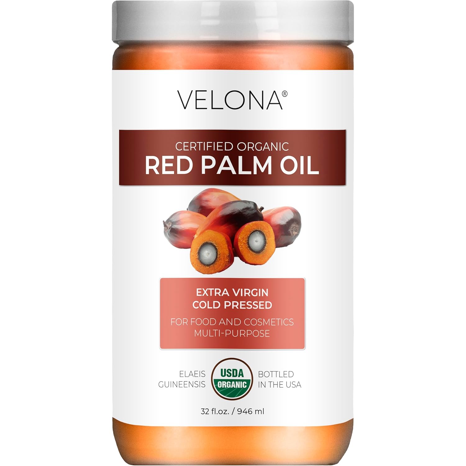 velona USDA Certified Organic Red Palm Oil 32 Fl Oz | Food and Cosmetic Grade | in jar | Extra Virgin, Cold Pressed | Skin, Face, Body, Hair Care | Use Today – Enjoy Results