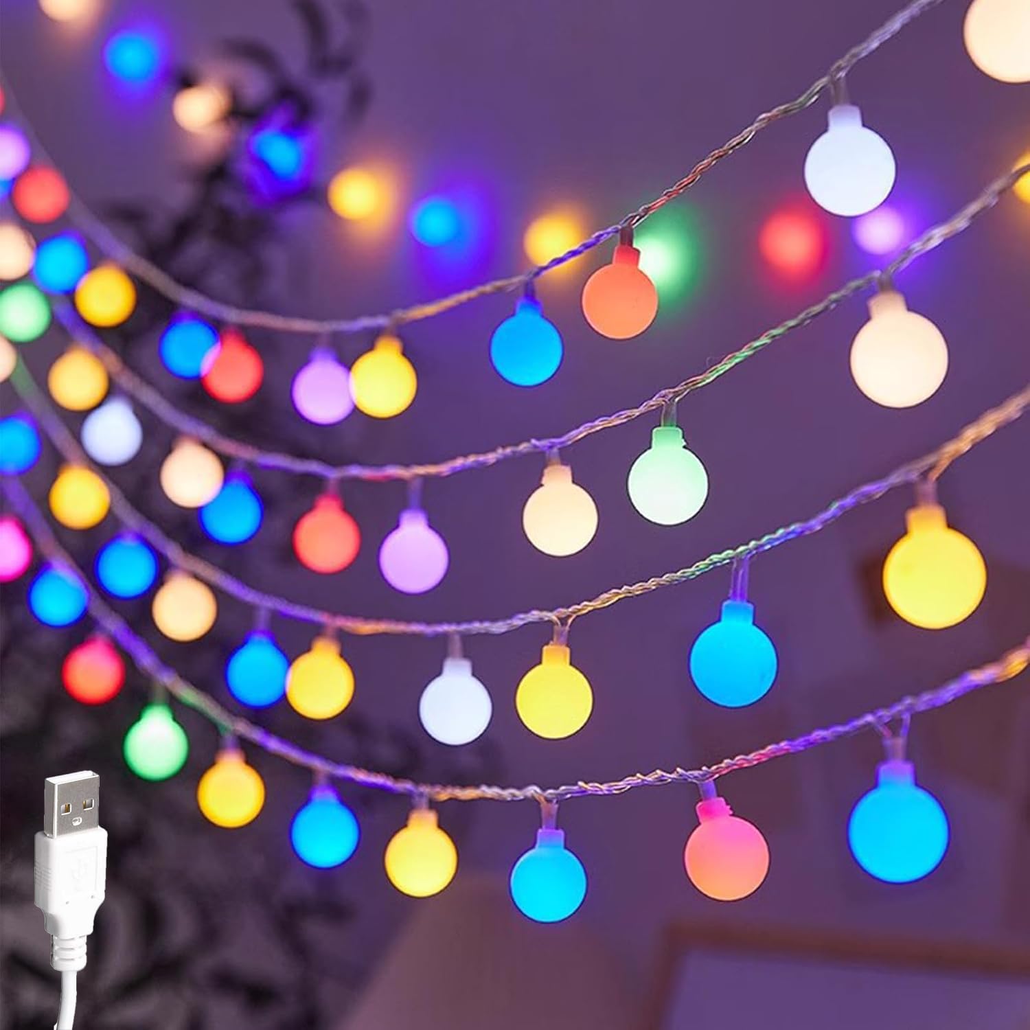 USB Fairy Lights Indoor, 6 m 40 LED Ball Fairy Lights, Warm White, LED Fairy Lights Globe Outdoor, Fairy Lights Outdoor Indoor, White Fairy Lights Balls, LED Fairy Lights Globe, for Wedding, Party