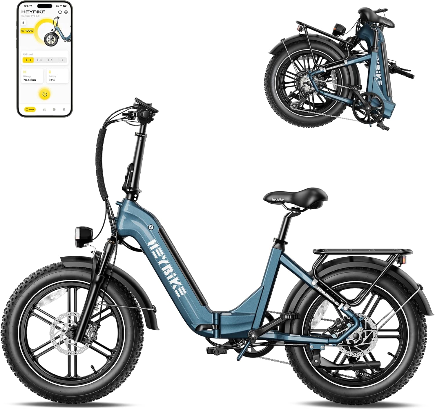Heybike Ranger S Folding Electric Bike for Adults, 1800W Peak Motor 32MPH, 55Miles 692WH Removable Battery, APP Control Ebike,Dual Hydraulic Brakes & Front Suspension, 20″*4 Step-Thru Fat Tire Bicycle