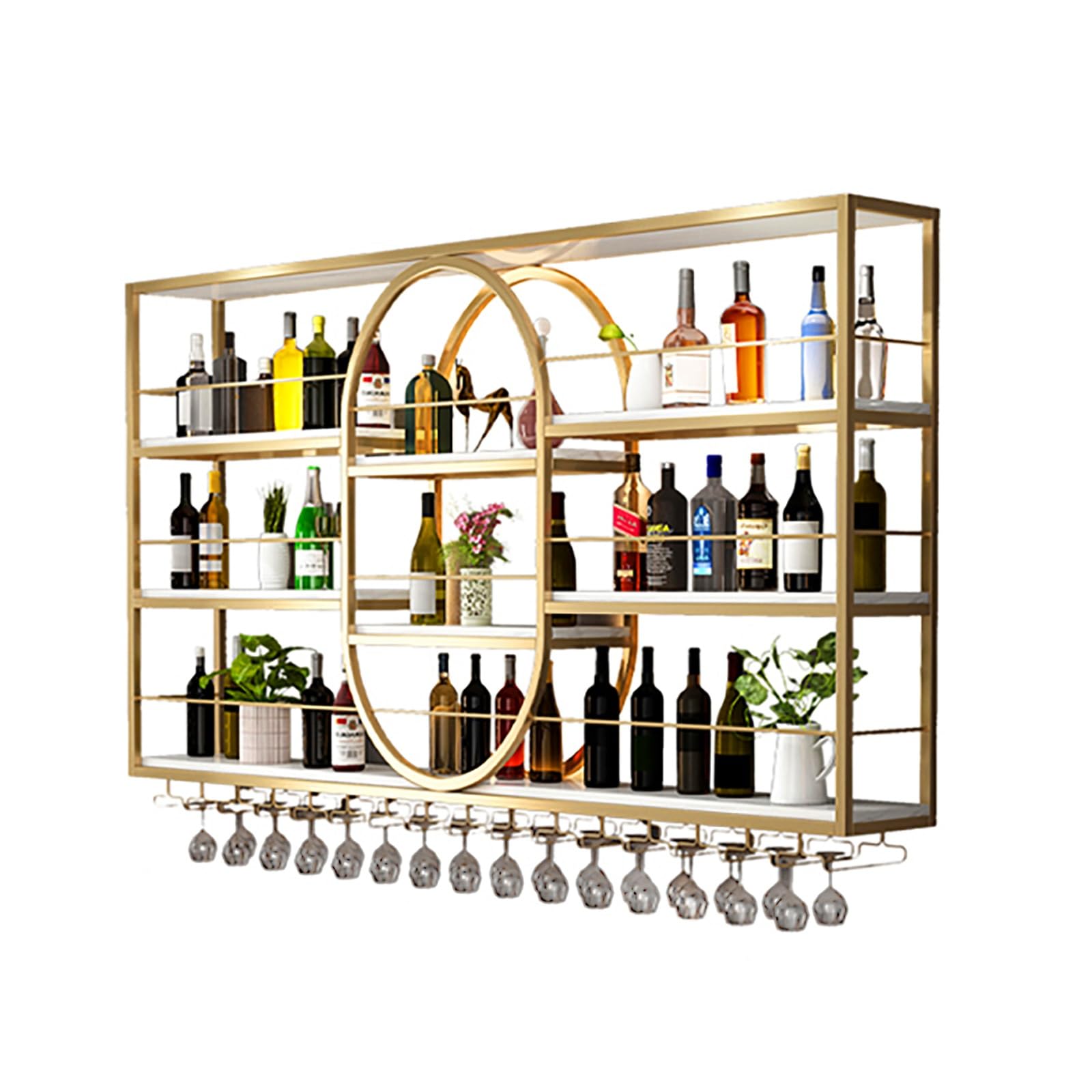 Étagère murale à vin en métal or 150 cm avec porte-verres pour bar