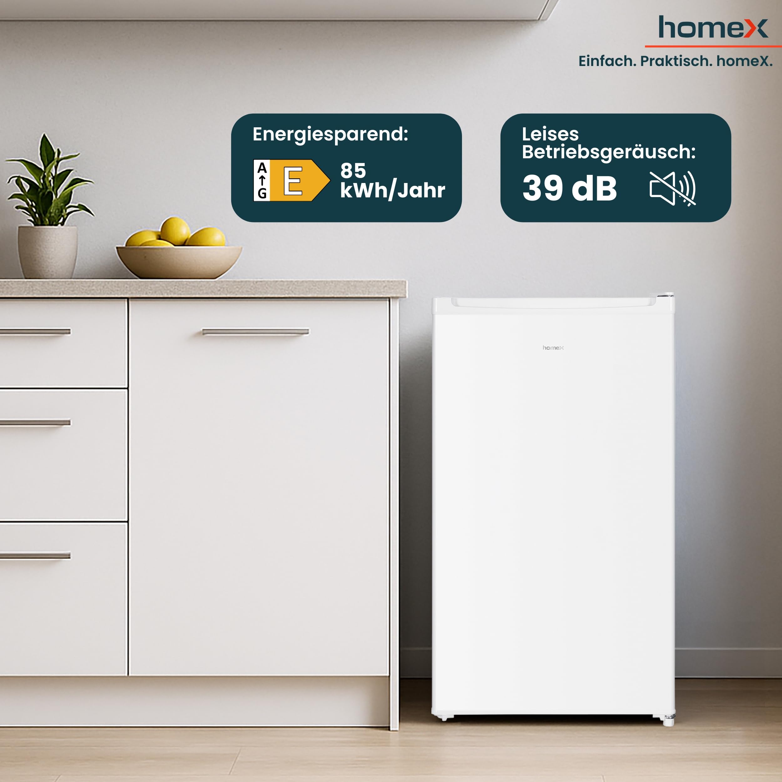homeX Kühlschrank ohne Gefrierfach, Vollraumkühlschrank klein 88L, freistehend, leise 39 dB, weiß CS1016-W