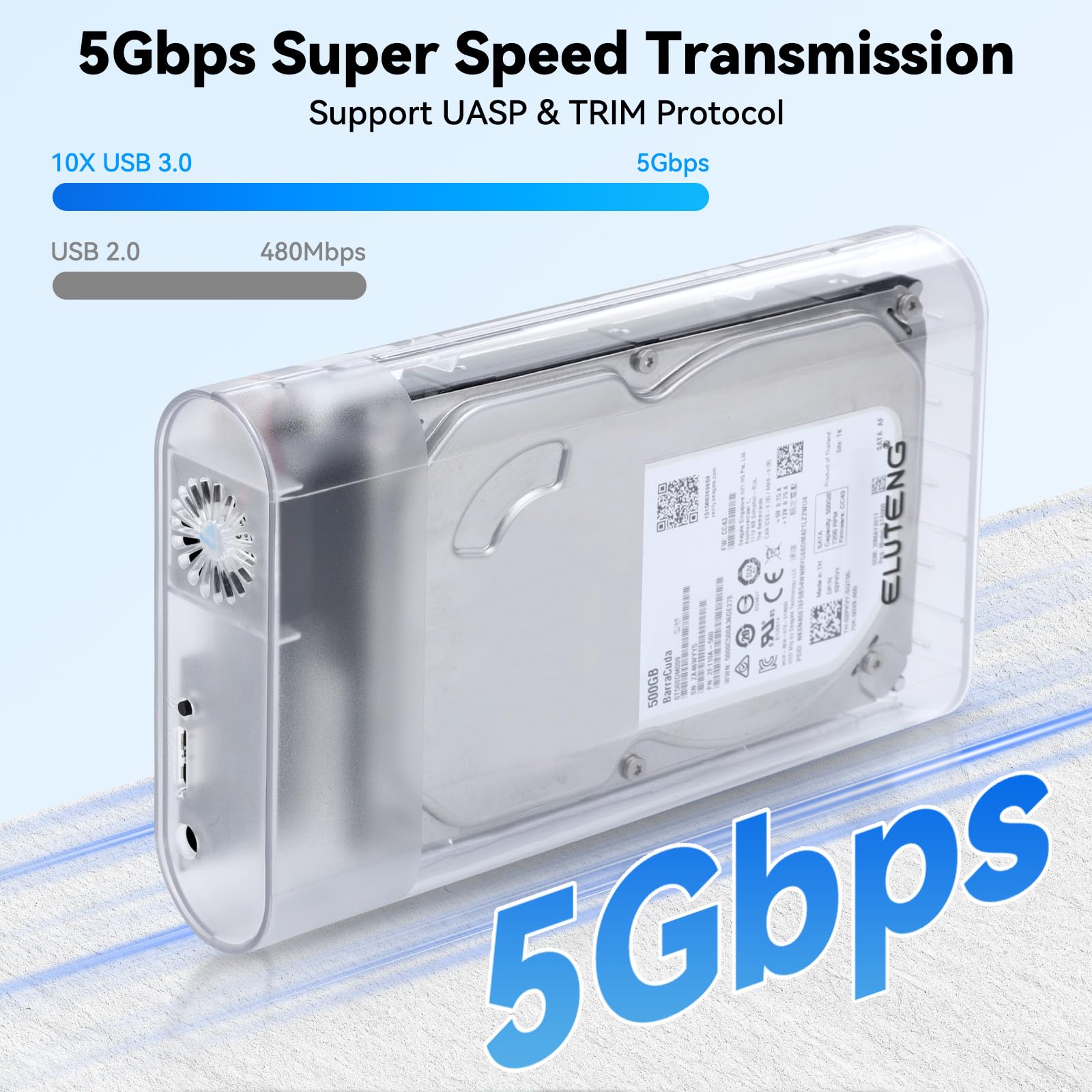ELUTENG SSD Case 3.5 SATA USB 3.0 Esterno per HDD SSD fino a 24TB con Illuminazione RGB - Dettaglio