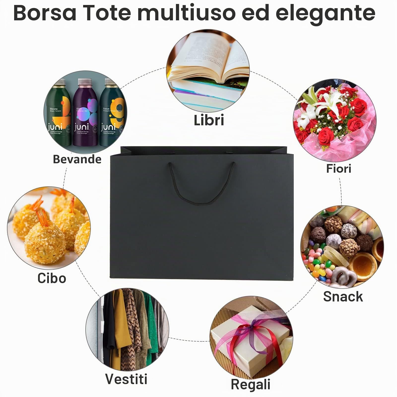 MUXHEL 24 pacchetti di sacchetti regalo di carta con manici, 40 x 12 x 28 cm nero grandi sacchetti di carta per feste, riutilizzabili sacchetti Kraft per shopping compleanno