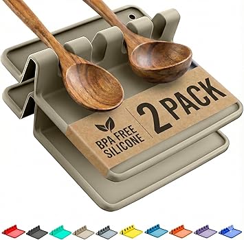 Cooler Kitchen Sage Silicone Spoon Rest for Stove Top with Drip Pad Two Pack - Heat Resistant BPA Free Utensil Rest & Spoon Holder for Kitchen Counter - Grill Utensil Holder - Spatula Holder