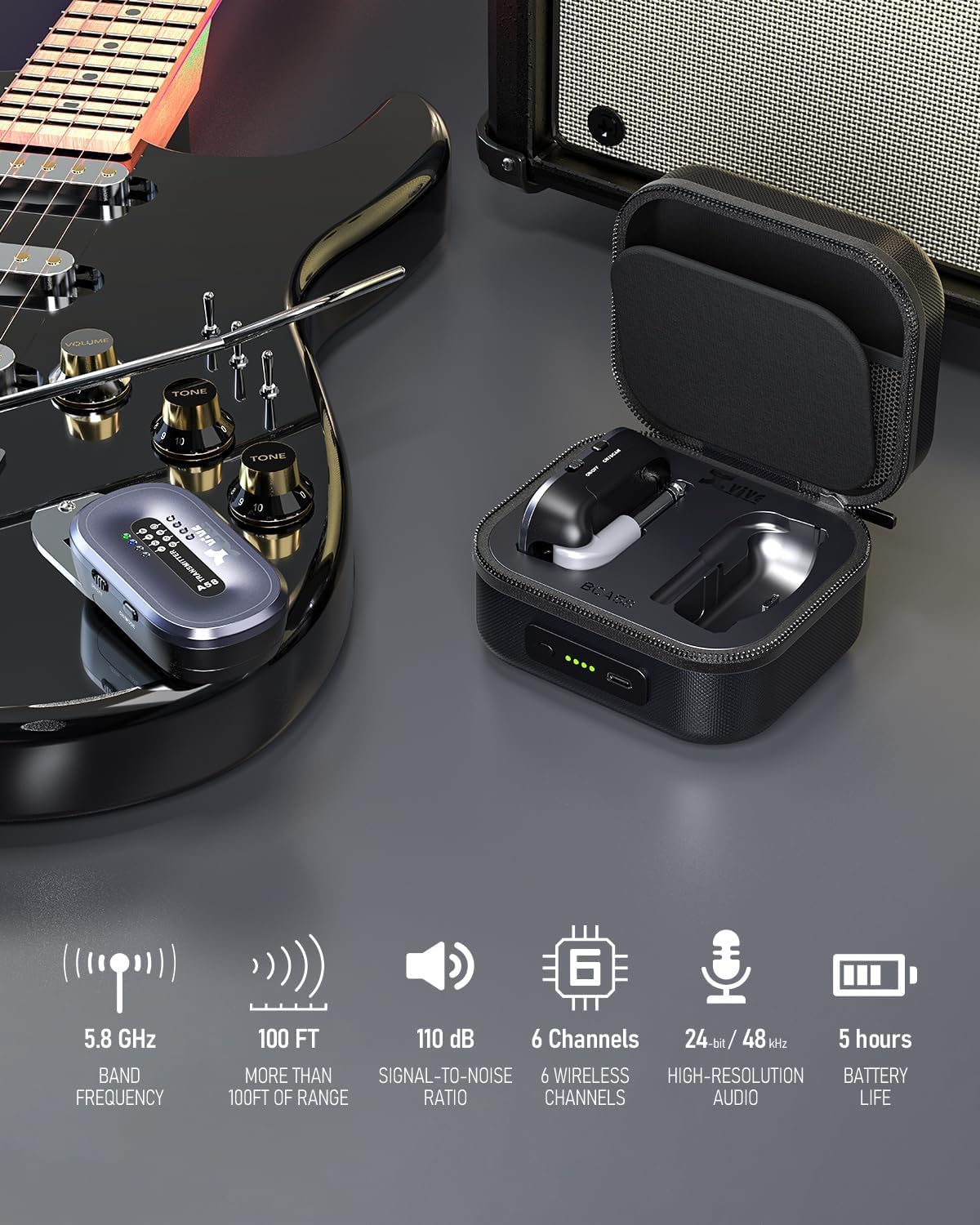Sistema inalámbrico para guitarra Xvive AC58 5,8GHz, Sistema inalámbrico A58 para guitarra con estuche de carga para guitarra eléctrica/acústica con pastillas activas o pasivas