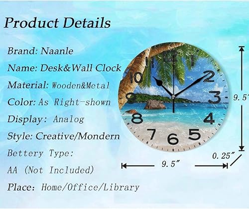 Miniatura 3 de Naanle Reloj de pared redondo retro con estampado de palmeras en 3D para verano, 9.5 pulgadas, funciona con pilas, analógico, silencioso, de cuarzo,