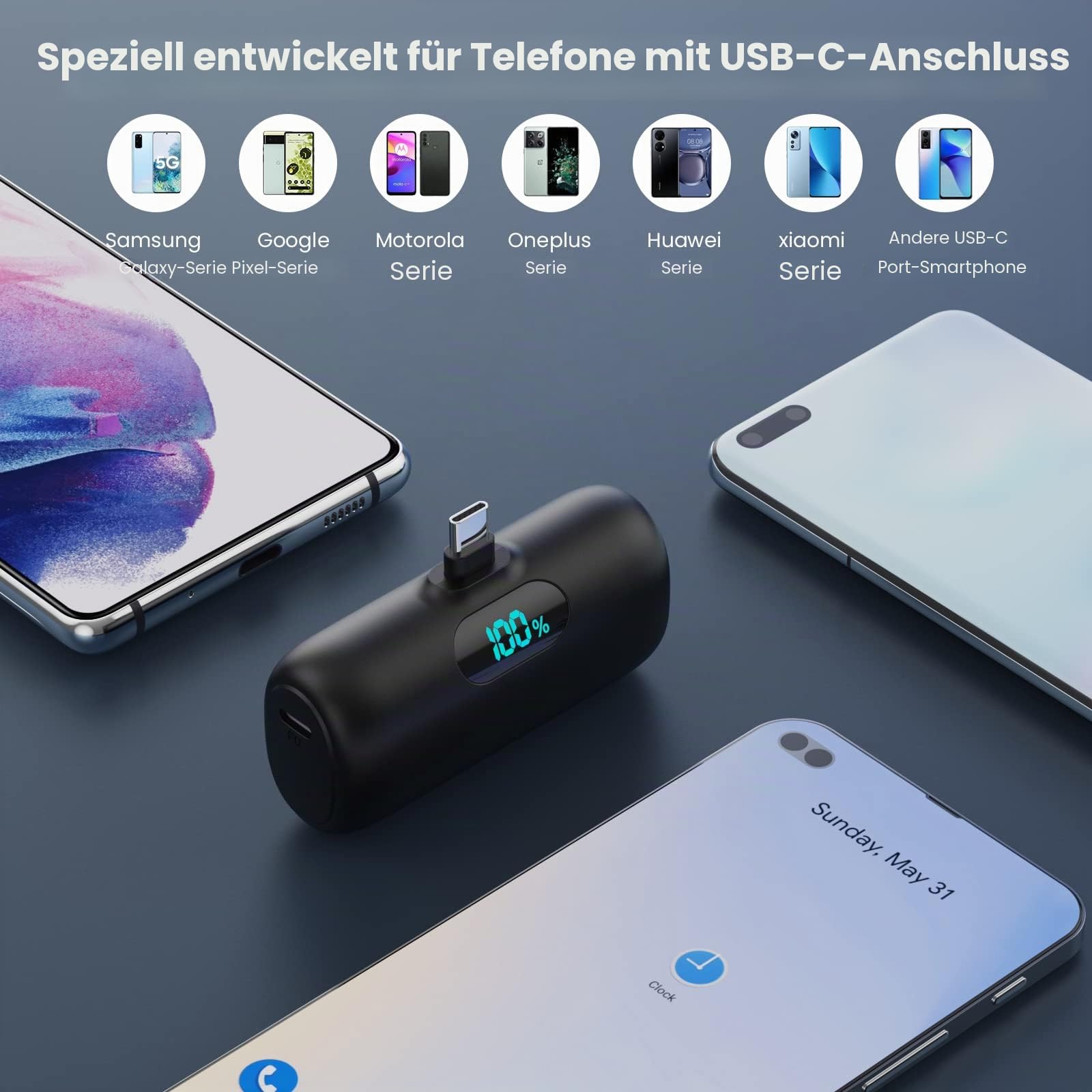 (2 Pack) Mini Power Bank USB C 5000mAh, 15W PD 3.0A Schnelles Aufladen Powerbank Schlank LCD Display Extrener Akku Kompatibel mit iPhone 17/16/15, Samsung, Huawei, LG, USB-C Telefone usw