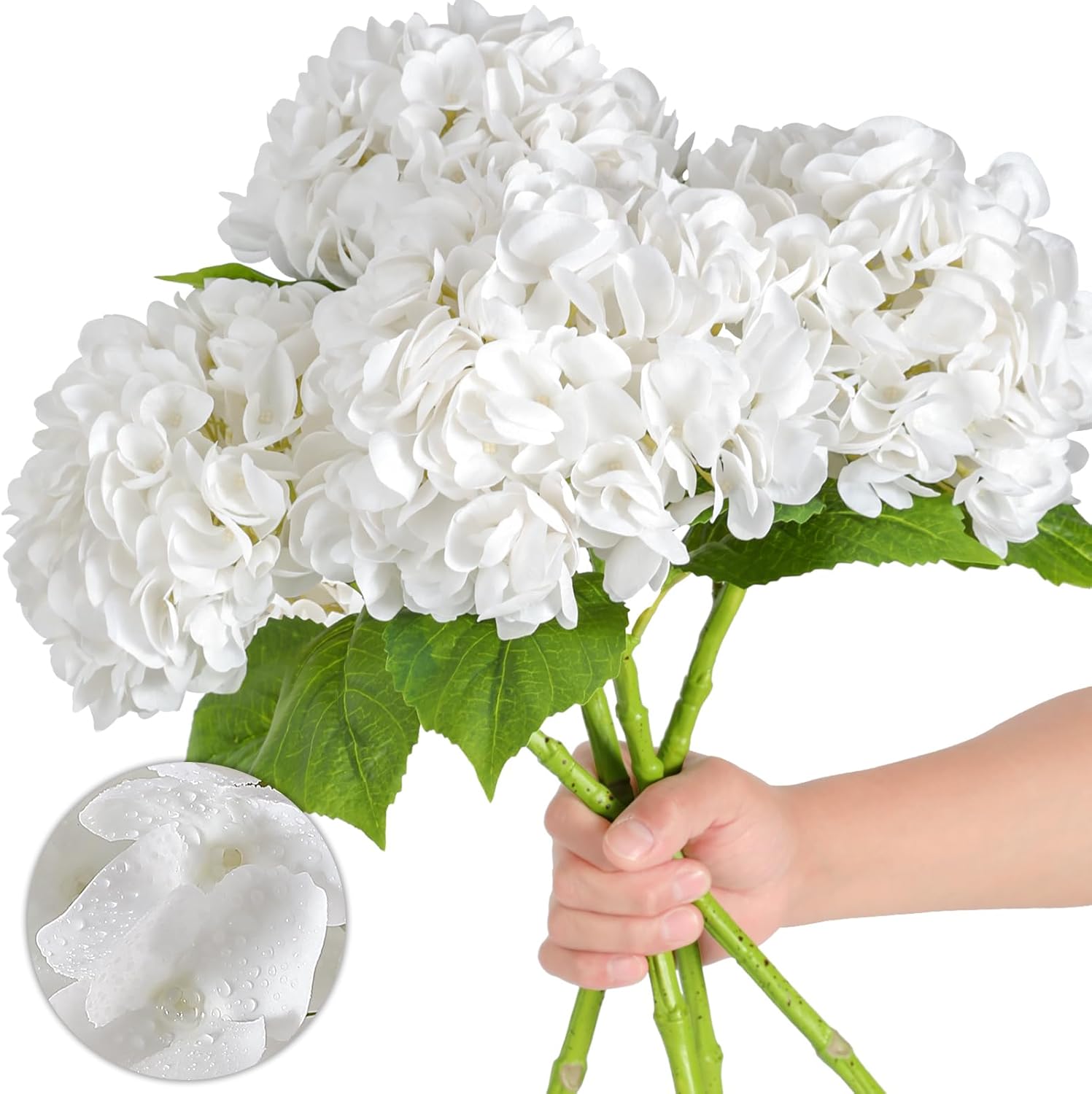 Nubry 22.44In White Hydrangea Artificial Flowers,4Pcs Latex Faux Real Touch Large Hydrangea Flowers with Long Stems & Leaves for Home Office Decor Wedding Party Arrangements(White) White 4 Pcs