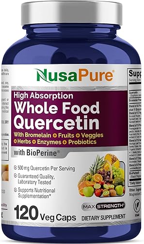 NusaPure Quercetina con bromelina de 500 mg 120 cápsulas vegetales 43 hierbas vegetales de grano de frutas Mezcla probiótica enzimática Sin OMG,