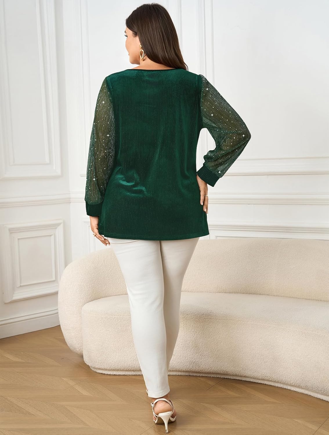 SCOMCHIC Women's Plus Size Blouses Long Sleeve V Neck Sparkly Sequin Velvet Top Dressy Casual Loose Shirts Party Tops - Image 5