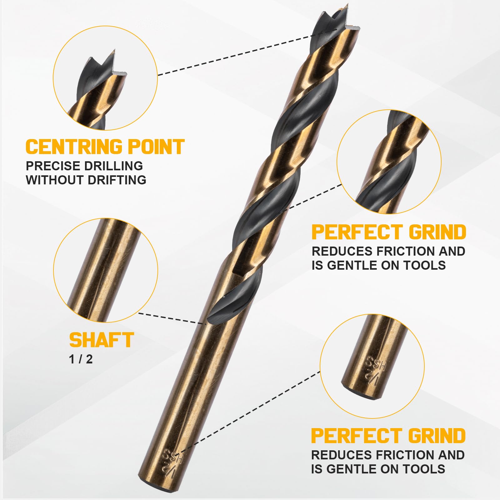 Set di 29 punte per trapano Brad Point, con punta autocentrante (1/16-1/2 pollici, punte da trapano in HSS rivestite in titanio per legno duro e legno tenero, incremento di 1/64 di pollice) e custodia