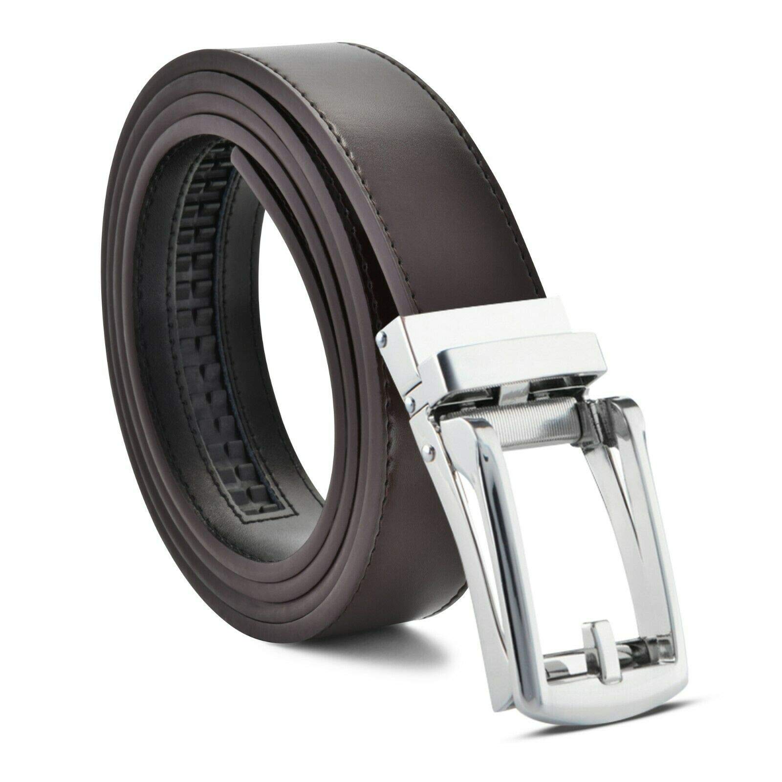 Ausuky Men's Coffee Premium Grain Leather Comfort Click Adjustable Fit Ratchet Jeans Pants Belt Automatic Belt Buckle No Holes (,125Cm)