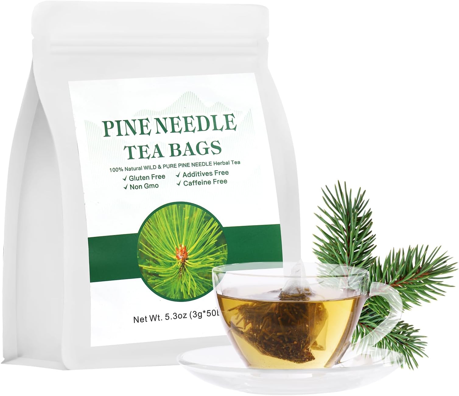 Pine Needle Tea Bags - 5.3 oz/150g (3g X 50 Bags) - 100% natural Wild & Pure Pine Needle Herbal Tea, Gluten Free,Caffeine Free, Non-GMO