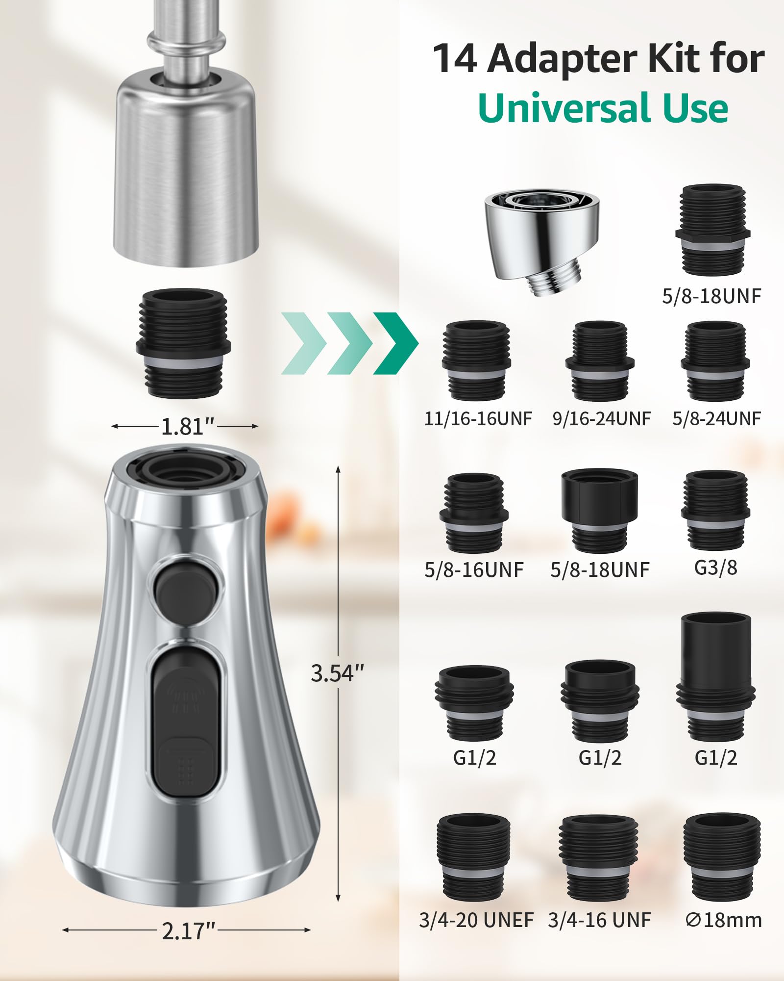 Mbillion Kitchen Faucet Head Replacement 3 Modes Polished Chrome Pull Down Sprayer Head Replacement with 14 Adapters Kitchen Sink Faucet Head (Polished Chrome) - Image 2
