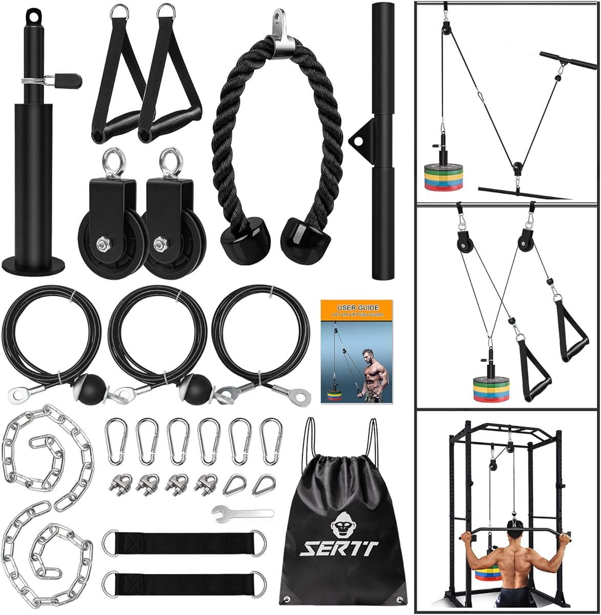 Amazon.com : SERTT Weight Cable Pulley System Gym, Upgraded Cable Pulley Attachments for Gym LAT Pull Down, Biceps Curl, Tricep, Arm Workouts - Weight Pulley System Home Gym Add On Equipment