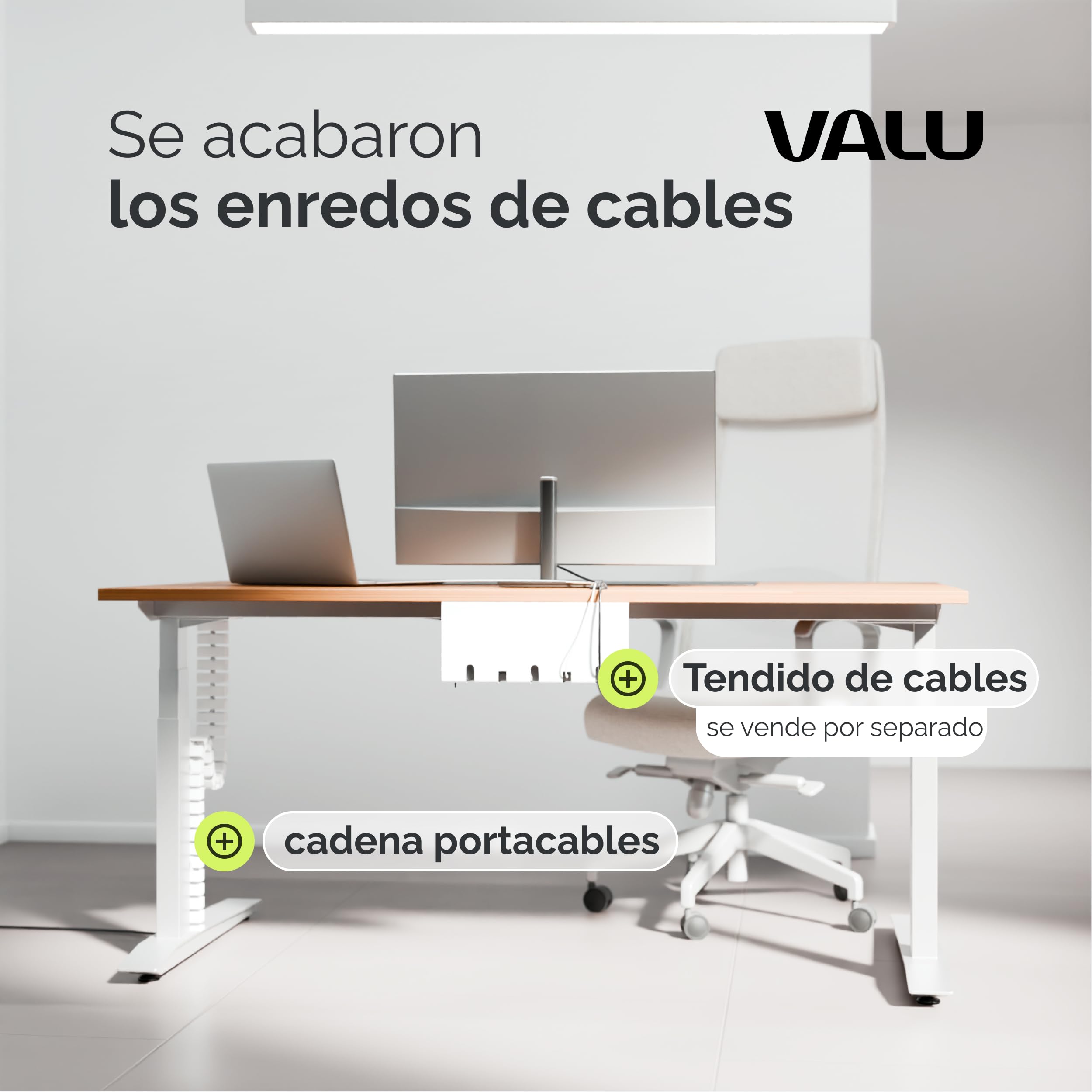 VALU Organizador de Cables Escritorio Premium – Cable Management 128 cm Flexible para Escritorio Regulable – Montaje con Tornillos o Adhesivo – 4 imanes y 3 organizadores incluidos