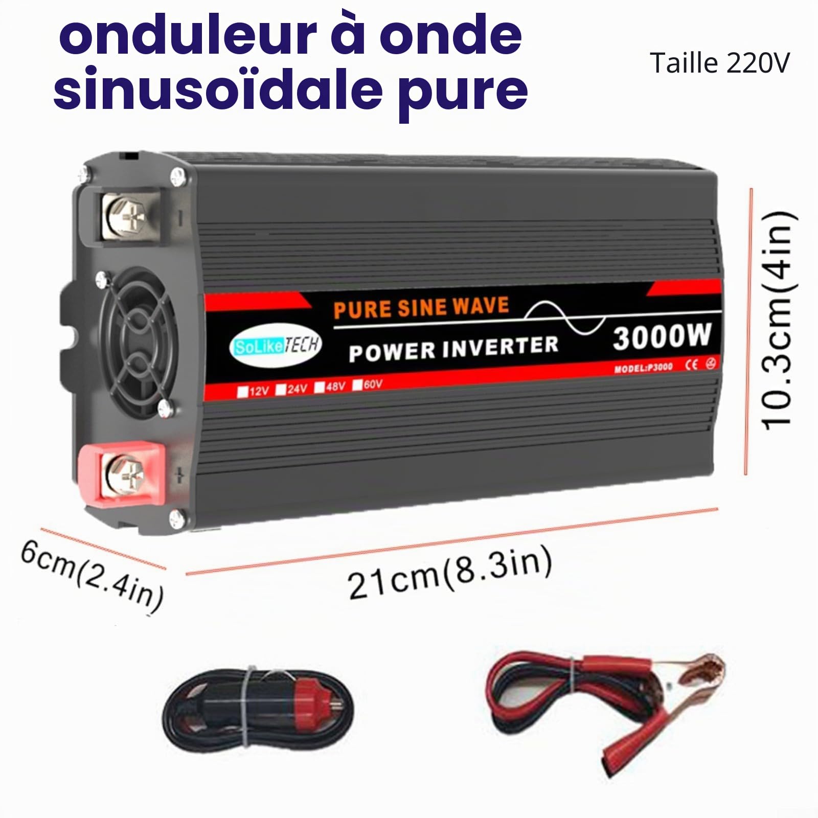 Onduleur sinusoïdal pur 3000 W, écran LCD, convertisseur de voiture, pour panneaux solaires, appareils ménagers (12 V à 220 V)