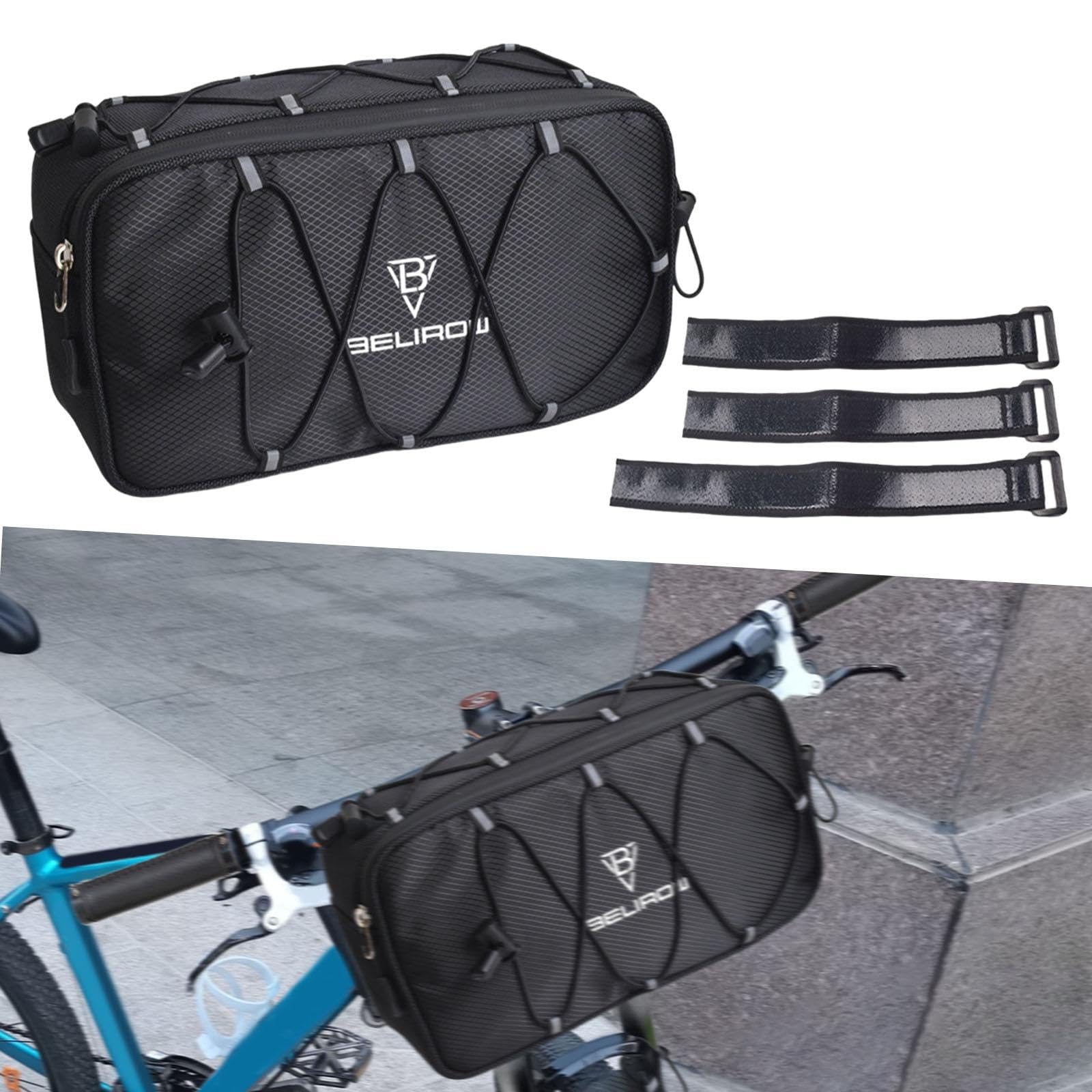Borsa da Manubrio per Bicicletta, Pieghevole, Anteriore, Pratica, Riflettente, per Piccoli Accessori, con Maniglia, Nero 4,3 Litri