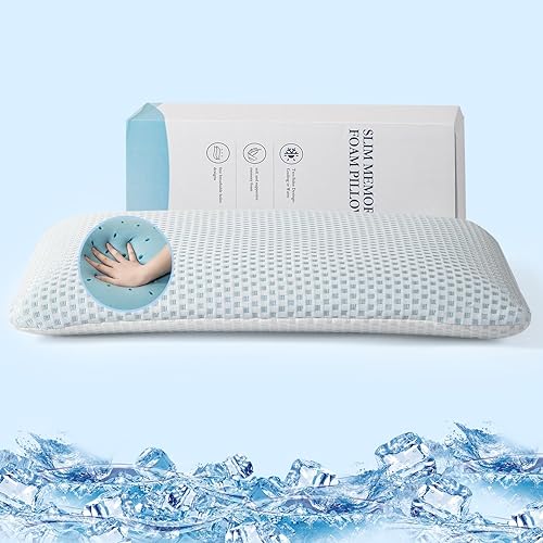 Almohada ultra fina de 2.75 pulgadas de alto, almohada plana de espuma viscoelástica de gel para dormir boca abajo y boca abajo, almohada de cama