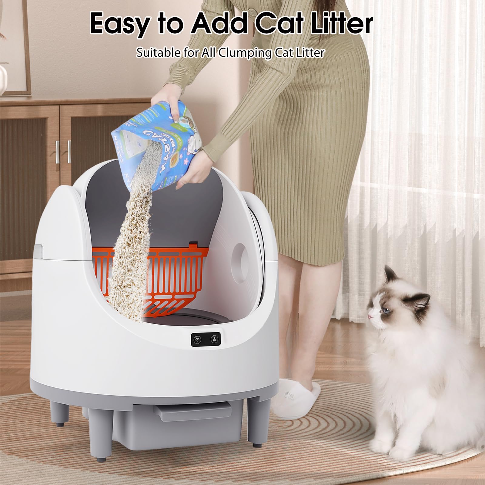 Katzenstreu, selbstreinigend, 68 l, automatische und manuelle Modi, sofortige Reinigung und einfache Schaufel, Steuerung per App, offen, geeignet für Haushalte mit mehreren
