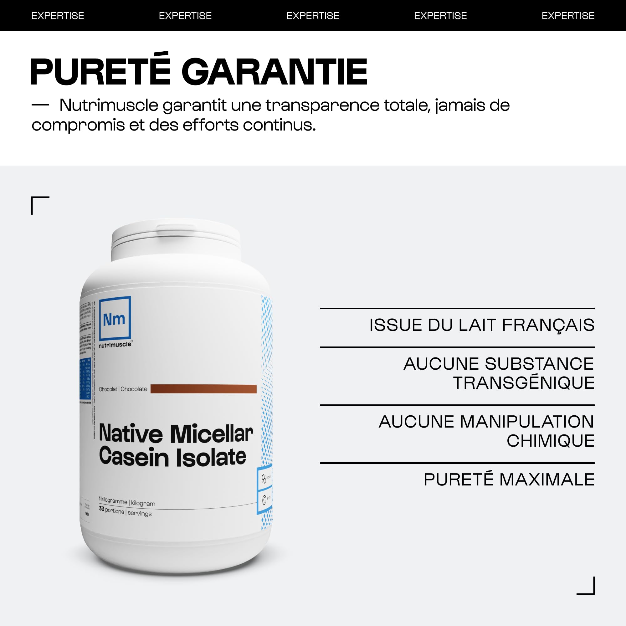 Isolat de Caséine Micellaire 92% - 1 kg Chocolat - Origine France - Lait français - Idéal en sèche - Assimilation lente - Musculation