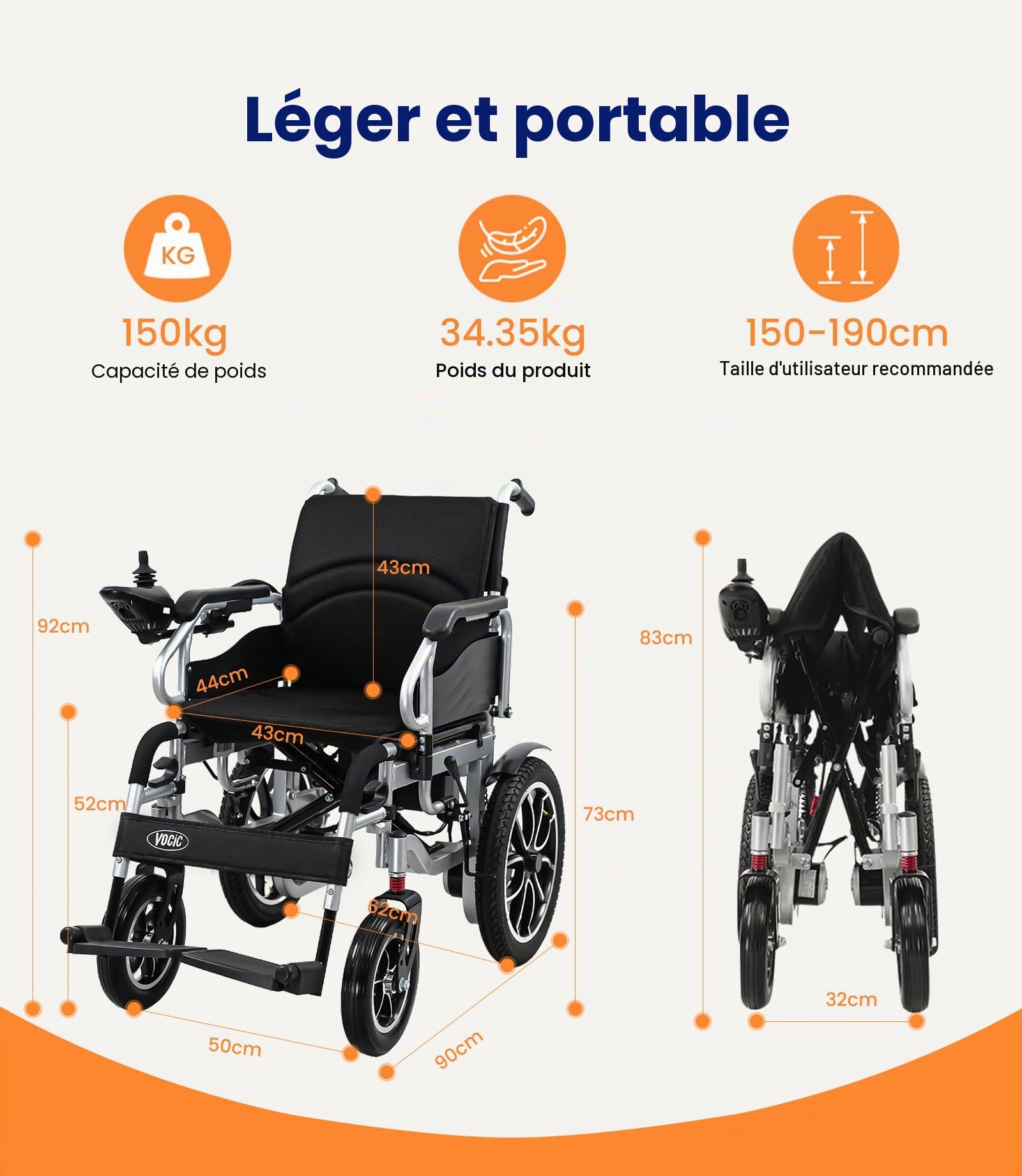 VOCIC Fauteuil roulant electrique pliable leger pour personnes âgées,30KM | fauteuil handicapés électrique Stable,Chaise roulante électrique avec 40CM pneus gonflables amortisseurs,5 ans de support