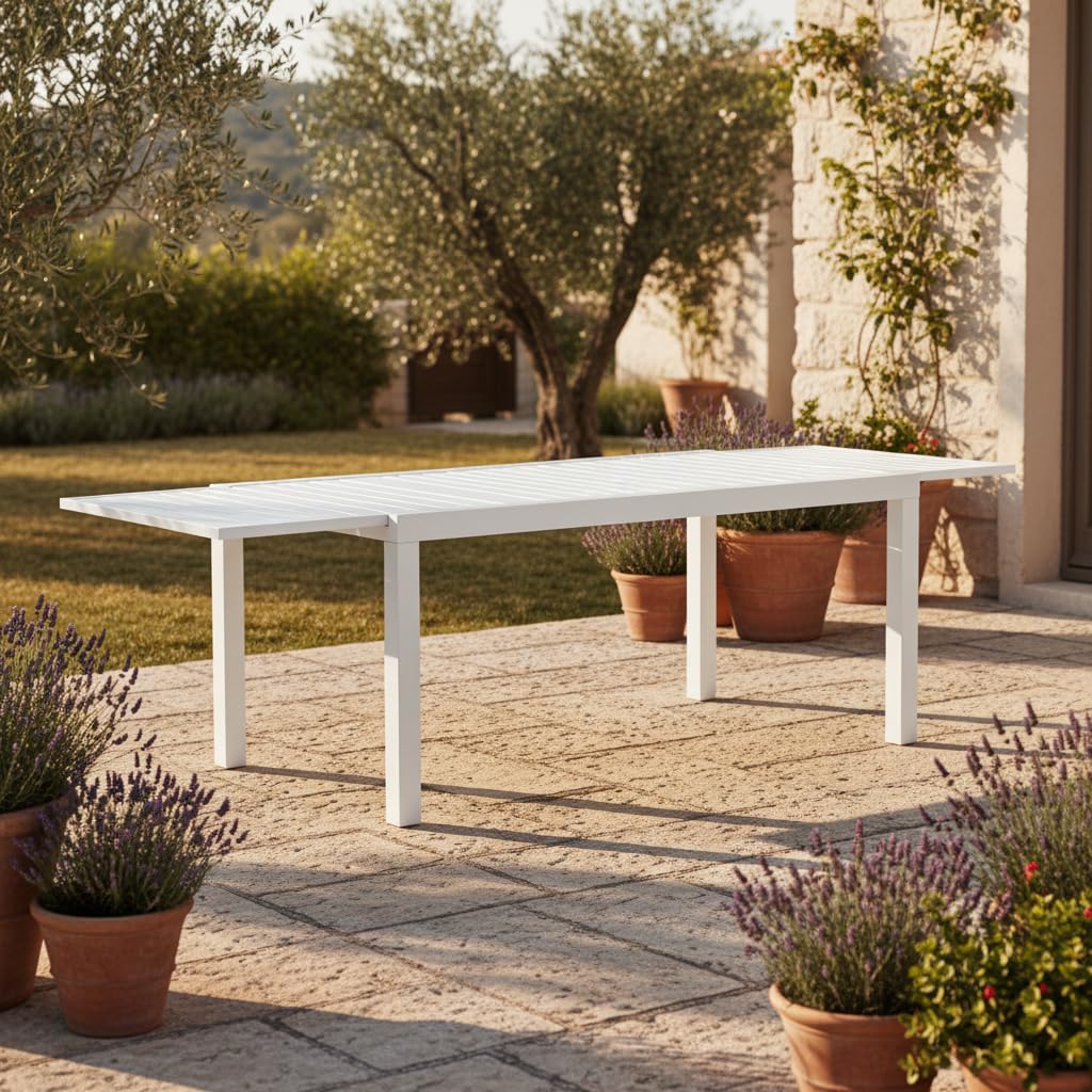Decor Space Tavolo allungabile Fuerteventura in alluminio Bianco dogato da esterno per giardino (Tavolo/160-240 x 90 cm)
