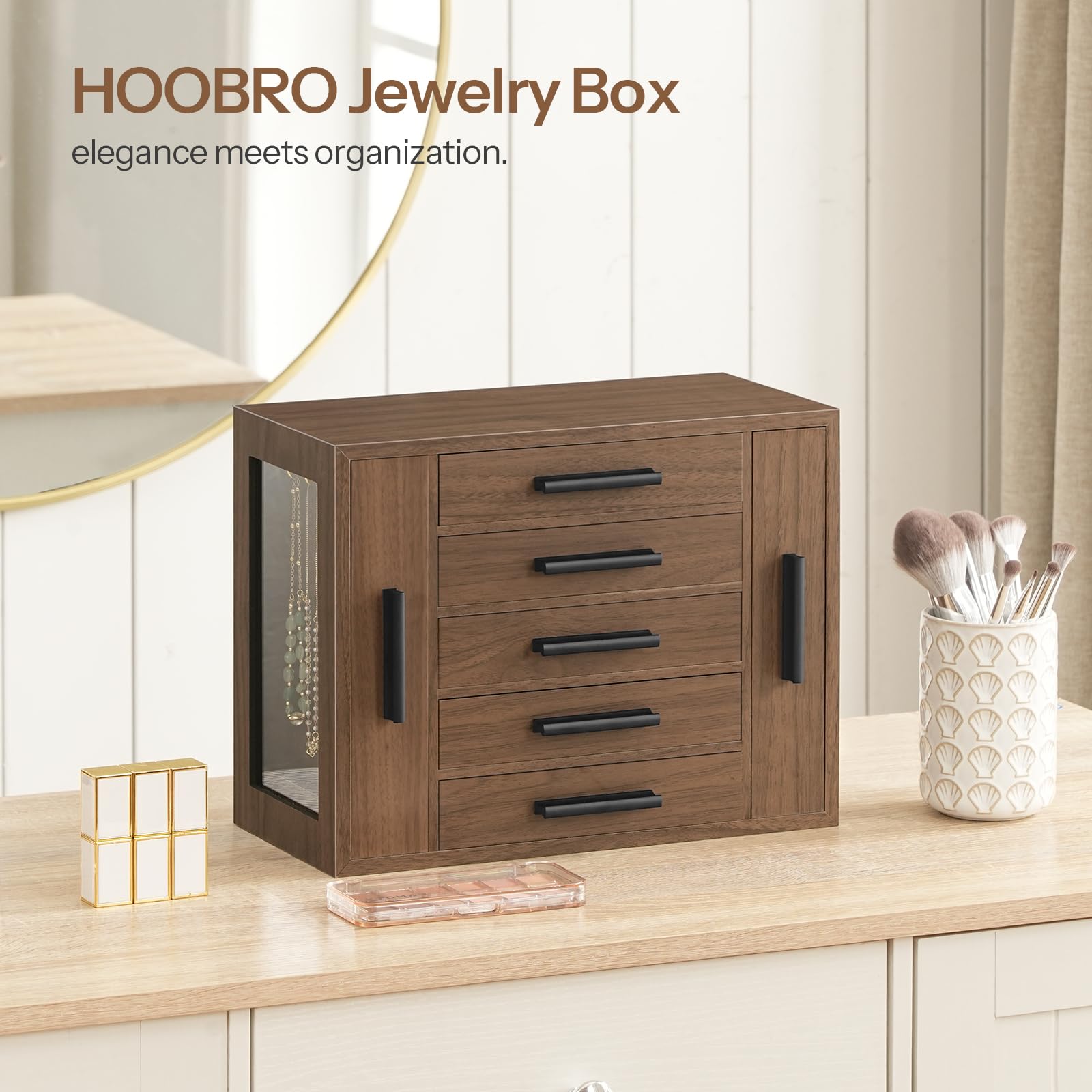 HOOBRO EBH19JB04 5-poziomowe pudełko na biżuterię, z okienkiem i 2 pionowymi szufladami, pudełko do przechowywania biżuterii, na kolczyki, naszyjniki, pierścionki, zegarki, orzech włoski