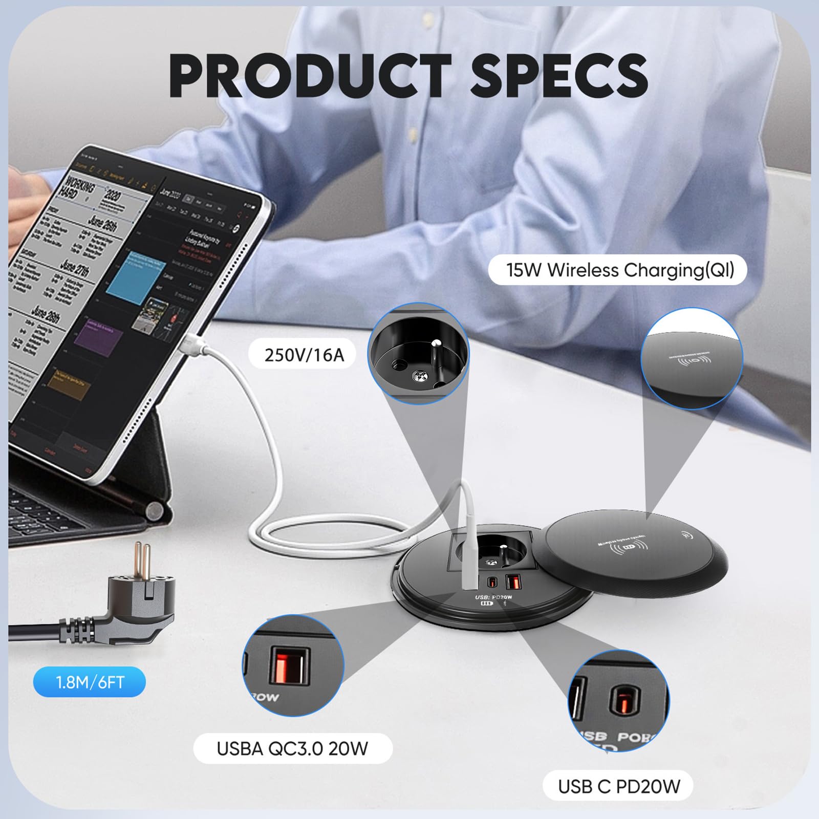 Prise de table escamotable ronde 80 mm avec couvercle, prise de type E (FR), USB-C PD 20 W et USB-A, charge sans fil 15 W, prise encastrée, noire, pour bureau et meubles, câble de 1,5 m