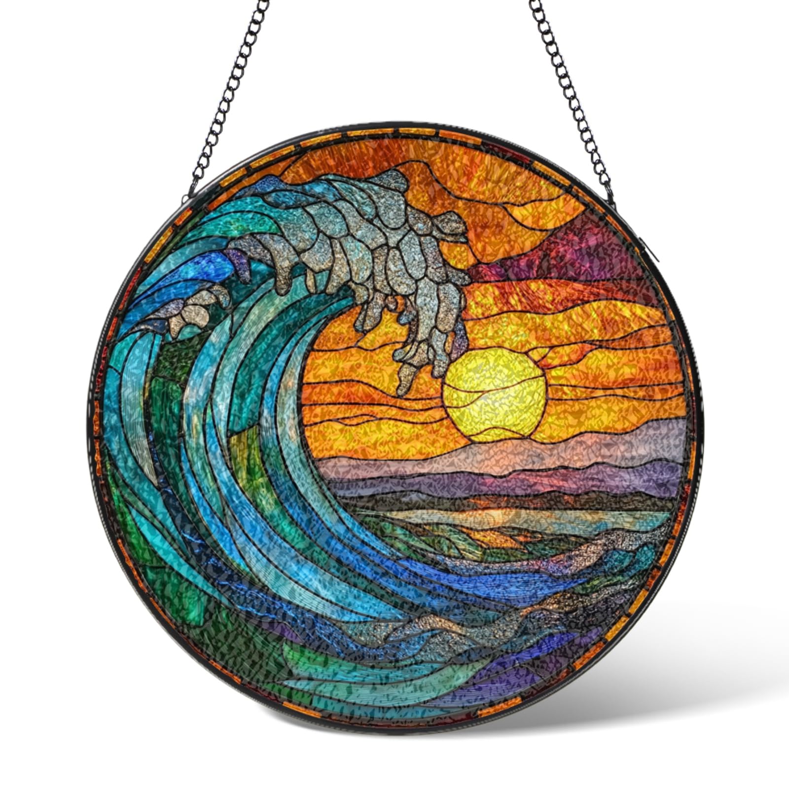 Beach Sunrise Stained Glass Window Hanging,Sunset Wave Suncatcher Garden Decor Birthday Gifts,Sun Catchers Home Decoration for Bedroom Kitchen Windows,Christmas Wedding Housewarming Gift 5.9 IN