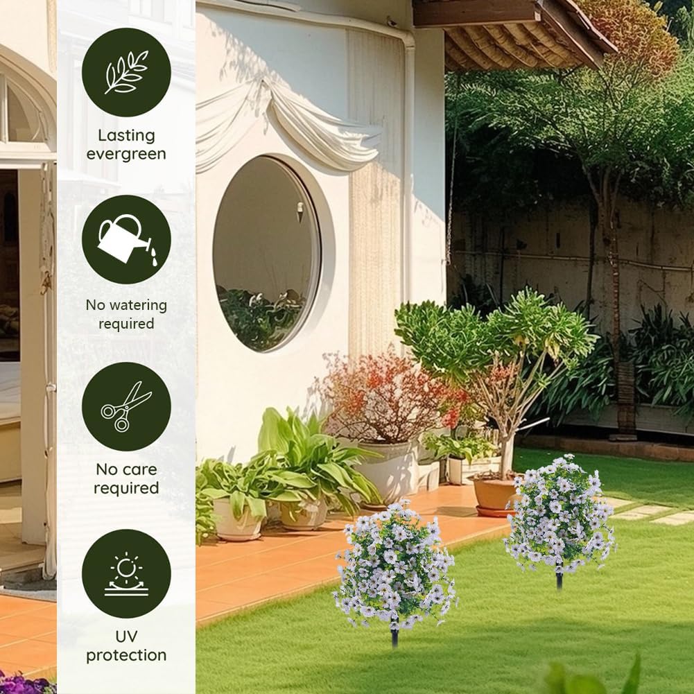 24" Artificial Boxwood Topiary Ball Trees with Violet Flowers, UV Resistant Faux Plants Outdoor with Ground Spike, Lifelike Fake Evergreen Shrubs Bushes for Porch Garden Home Decor (2, White)