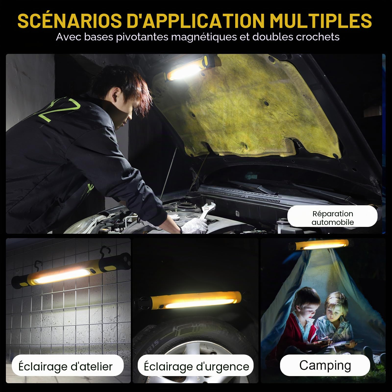 Baladeuse LED Mecanicien Lampe Rechargeable Atelier Travail Mecanique Auto Aimantée Torche 5000mAh USB-C Magnétique Lampe Inspection Multifonctionnelle 3 Modes pour Garage, Camping, d'Urgence[Rouge]