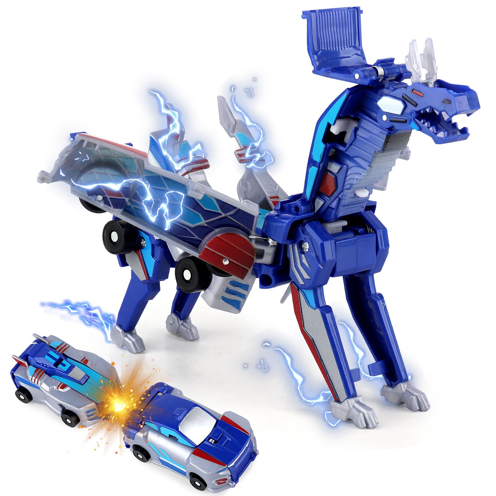 CLIUNT Robocrash Magnetic Transforming Car, Dragon Transforming Toys, 2 In 1 Automatic Deformation of Magnetic Connections, Car Robot Toys for Kids 2 3 4 5 6 7 8 Years Old (Blue)