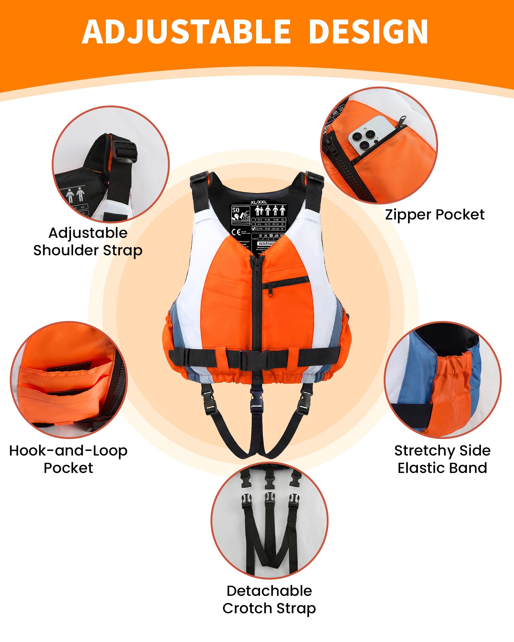 Owntop Aiuti per La Galleggiabilità per Adulti, Giubbotto Galleggiante Regolabile 50N Unisex, Gilet da Nuoto con Tasche, Giacca da Nuoto per SUP Kayak Pesca Canoa a Vela - 3