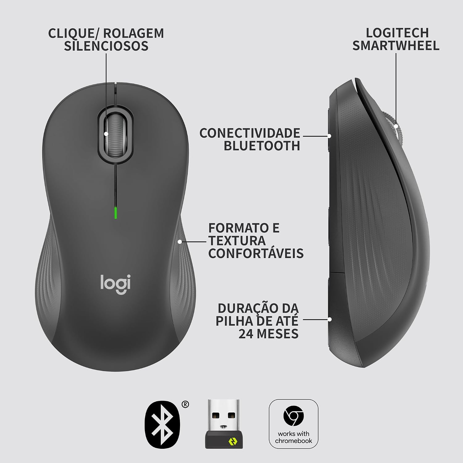 Mouse sem fio Logitech Signature M550 L com Design de Tamanho Padrão, Clique Silencioso, Conexão Bluetooth ou USB Logi Bolt, Compatível com Windows, macOS, Linux, ChromeOS, ipadOS e Android- Grafite
