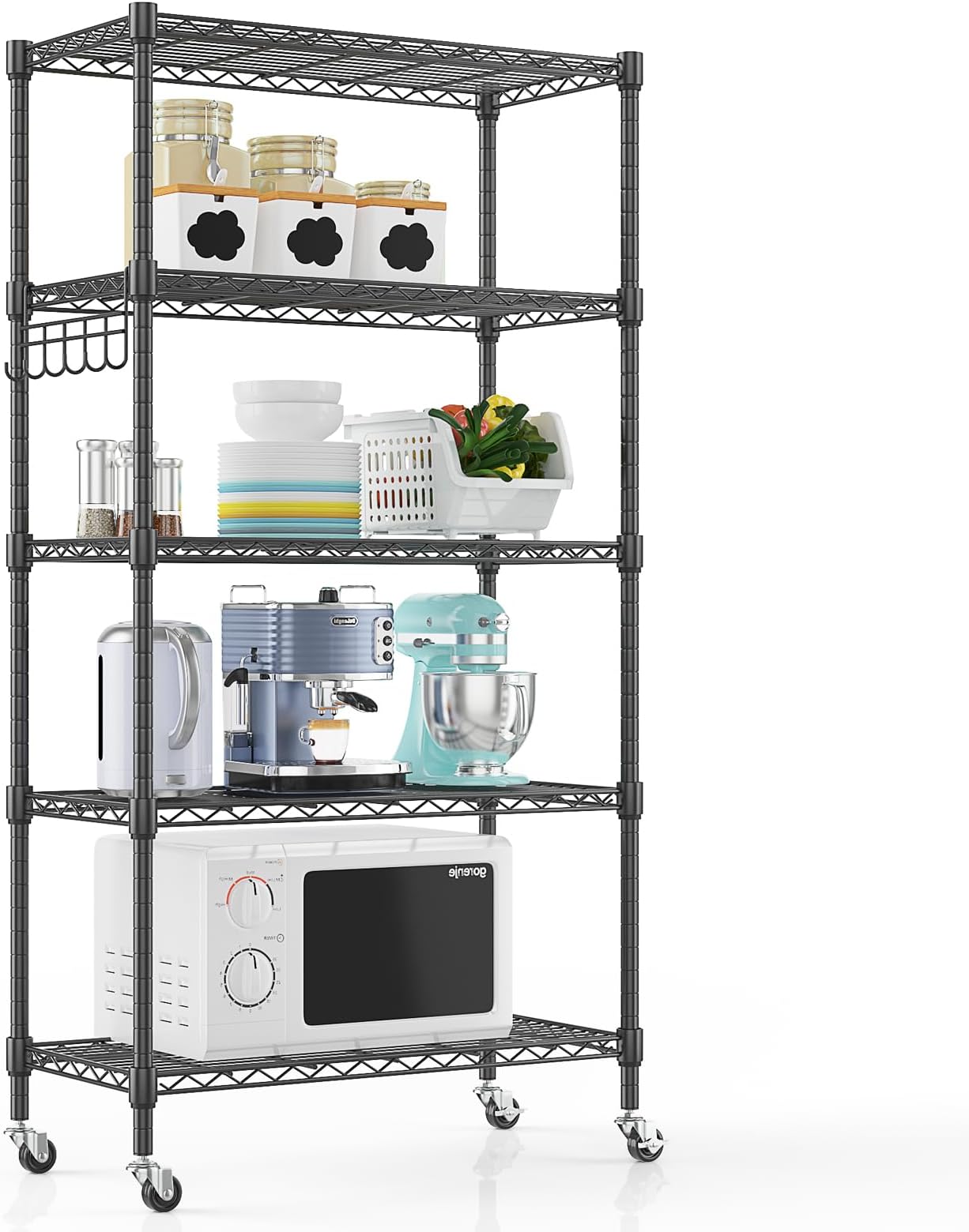 5-Tier Wire Shelving Unit with Wheels, 76W x 35D x 158H cm, Height Adjustable Metal Shelving Unit for Storage, Free Standing Storage Rack Shelf for Kitchen Pantry Bathroom Garage Office, Black